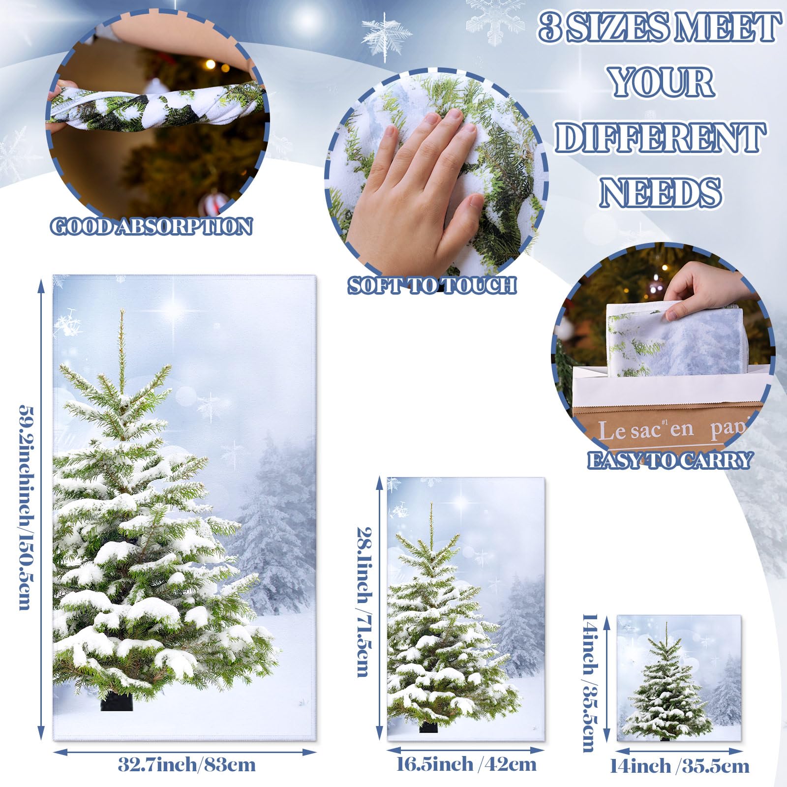 Preboun 3 Pack Christmas Gnome Bathroom Towels Set - Christmas Tree Hand Towels, Winter Snowflake Bath Towels, Soft Absorbent Dish Towels for Bathroom, Kitchen, Home, Hotel, Beach, Gym, Spa