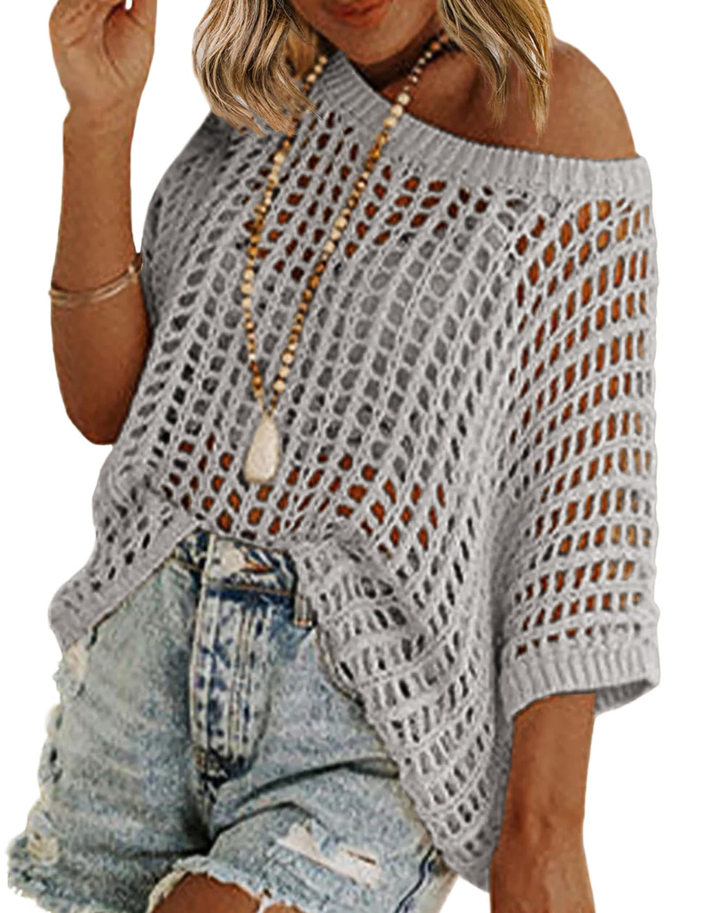 Zeagoo Short Sleeve Crochet Sweater Lightweight Summer Tops Loose Hollow Out Crewneck Pullover
