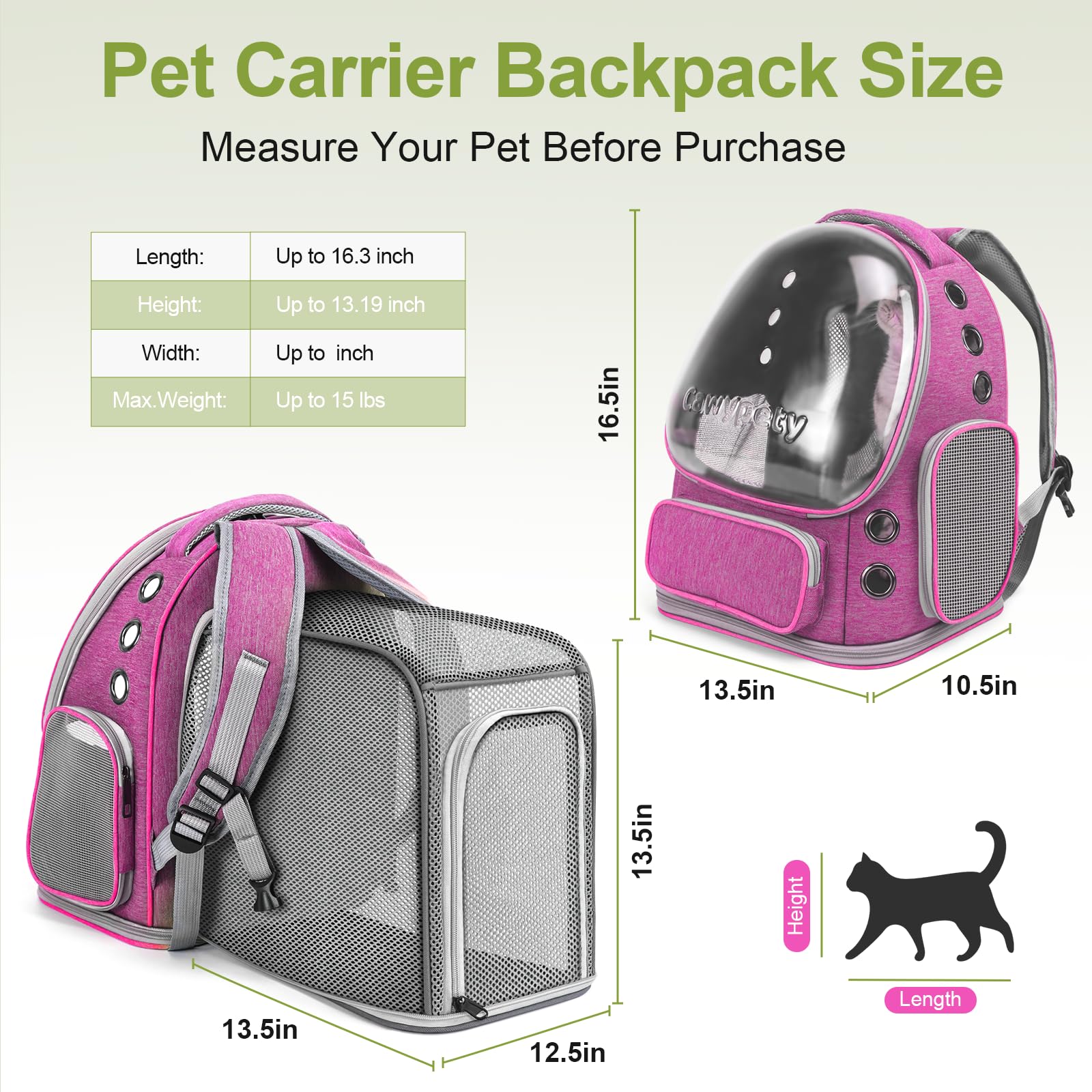 Cawypety Cat Backpack Carrier, Breathable Cat Carrier Large Space Bubble Pet Backpack for Kitty Small Dog up to 12lbs, Transparent & Foldable Pet Carrier for Travel Hiking (Black