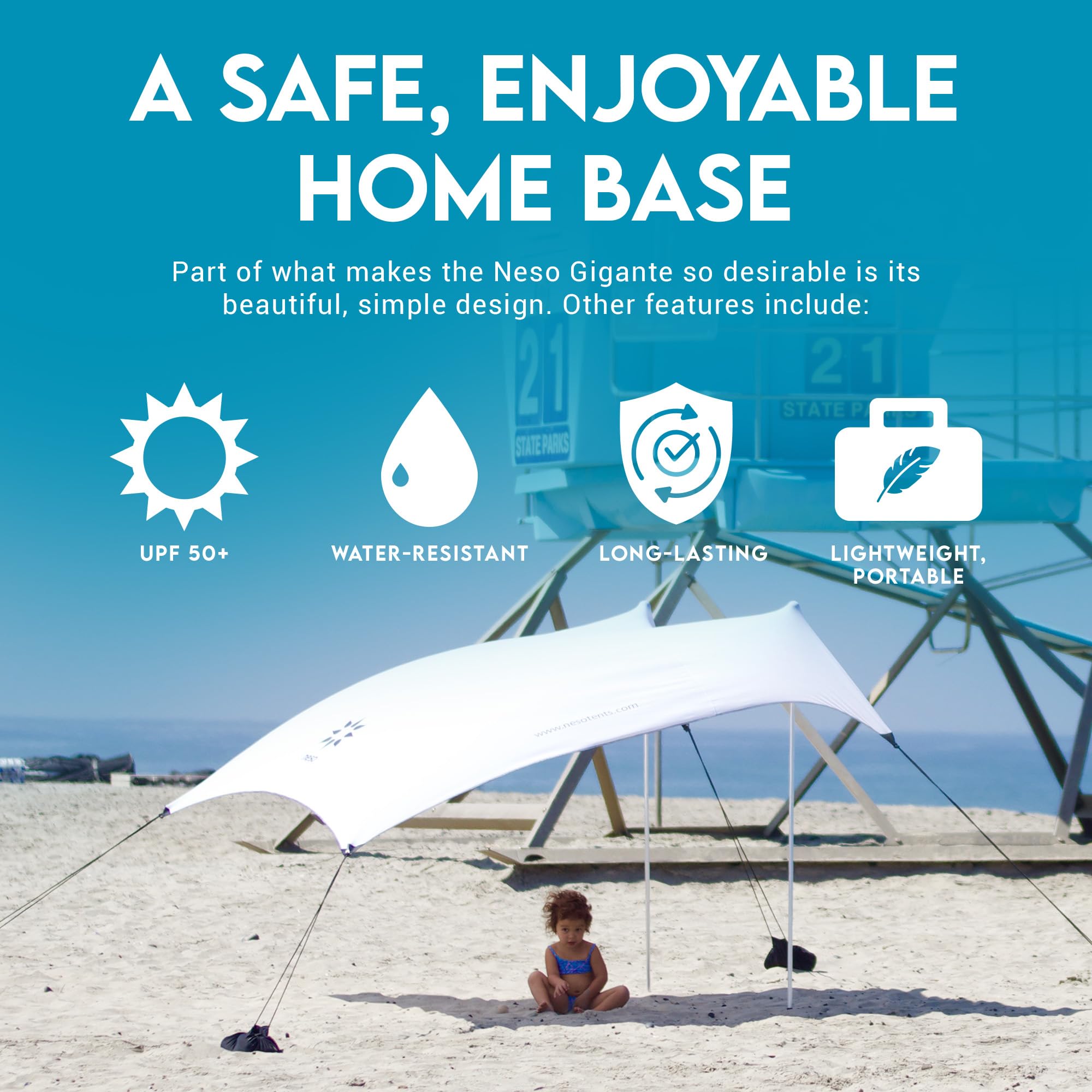 Neso Gigante Portable Beach Tent Sun Shelter - Lightweight Beach Shade Canopy - Easy Setup for Family Outings - Patented Reinforced Corners - UPF 50+ - 8ft Tall, 11 x 11ft - Save The Whales