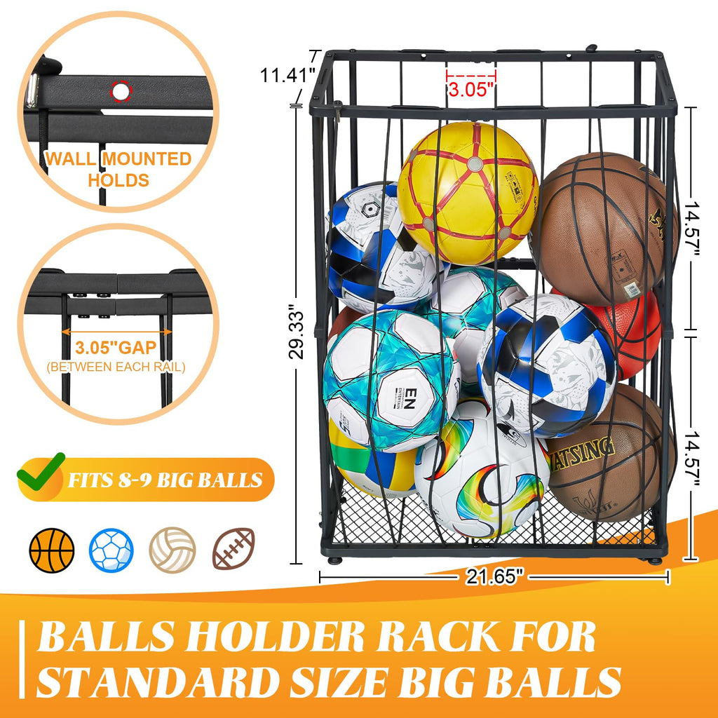 Hencawima Garage Ball Storage: Round Sports Equipment Organizer with Wheels, Sports Ball Rack With Elastic Rope, Ball Holder for Basketball, Soccer, Volleyball, Football, Garage, Gym, Outdoor (Black)