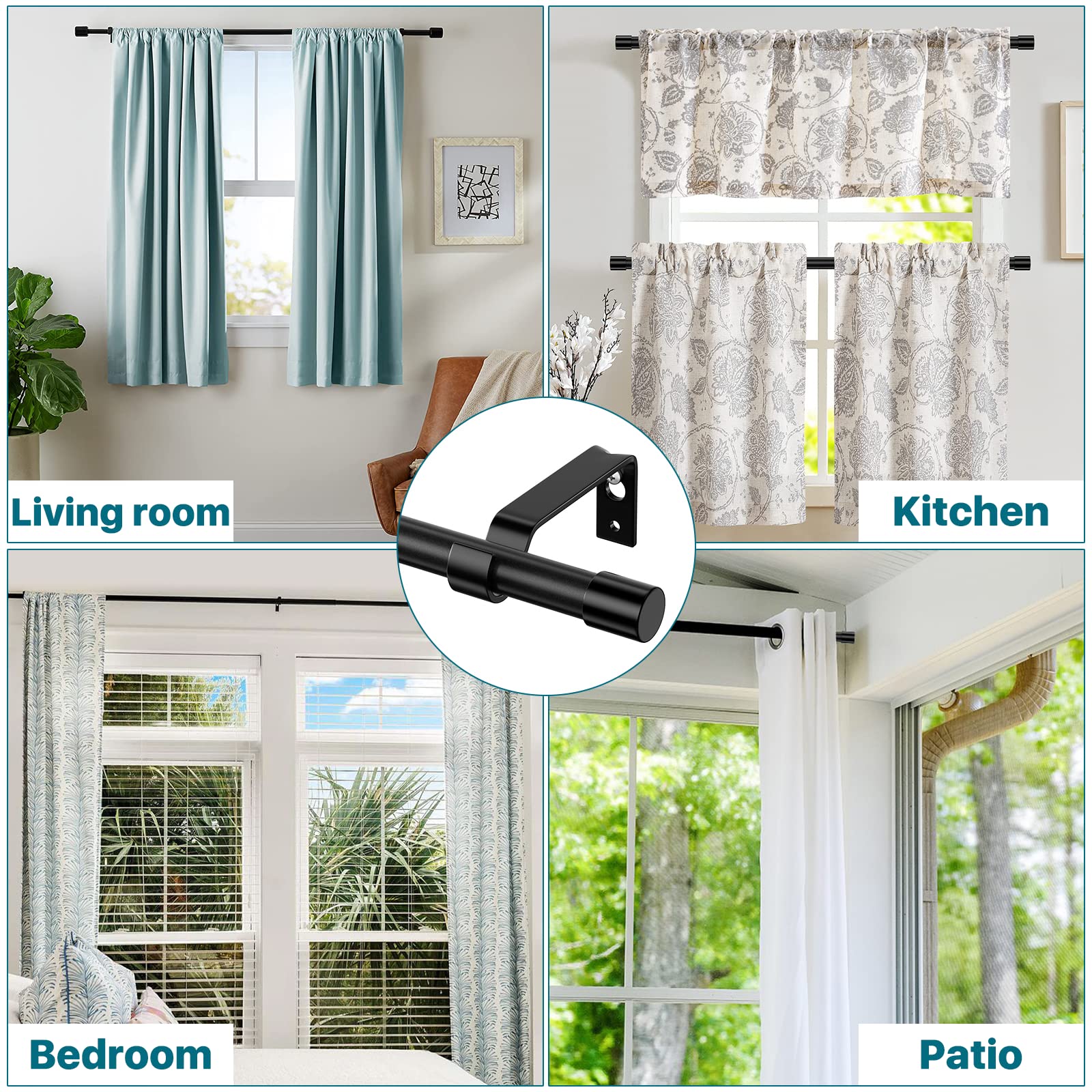 Curtain Rods for Windows, Single Adjustable 32 to 48 inch Curtain Rod Set with Brackets, 5/8 inch Diameter Metal Drapery Rod for Bedroom, Kitchen, Heavy Duty, Black