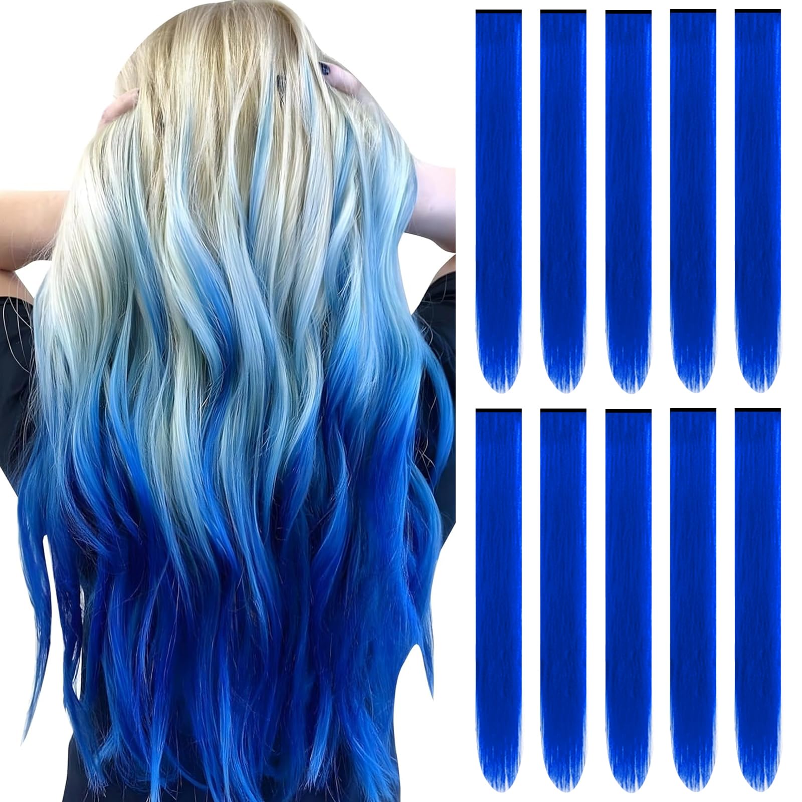 22 inch Colored Hair Extensions,Colorful Clip in Long Straight Synthetic Hair Extensions,Color Party Highlights Hairpieces for Women Girls Cosplay Styling(10 PCS Black)