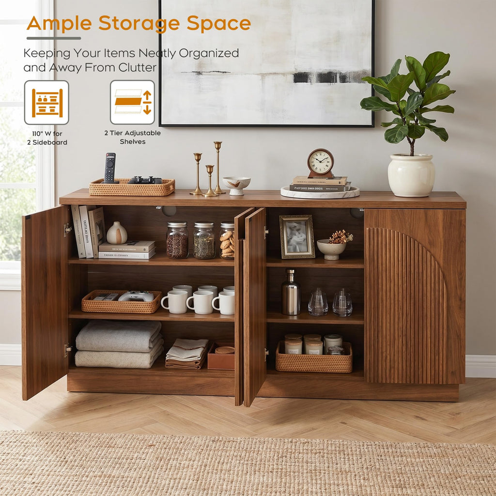 Yechen 55" Fluted Sideboard Buffet Cabinet with Storage, Wood Mid Century Modern Credenza Cabinet w/Arched Reeded Doors & Adjustable Shelves for Kitchen, Living Room, Entryway