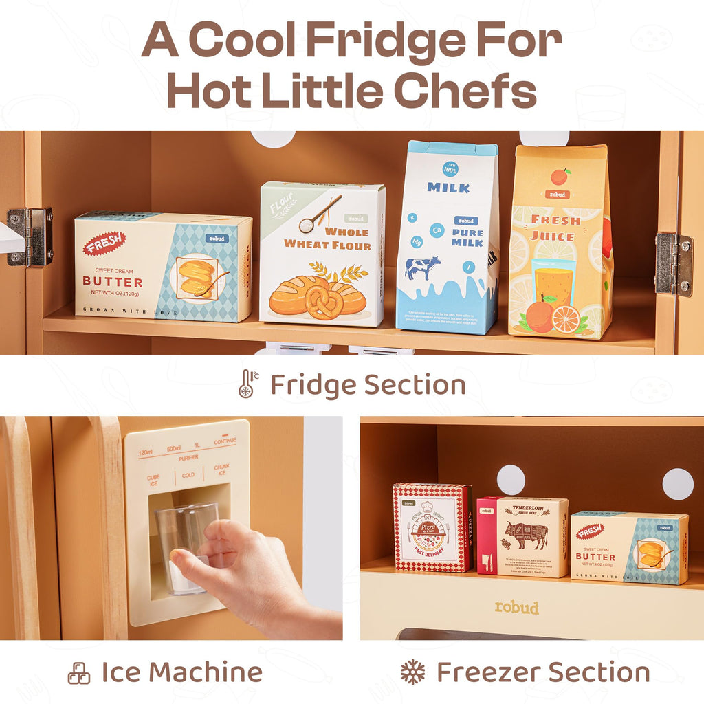 ROBUD Wooden Play Kitchen Fridge, Toy Kitchen Refrigerator, Kids Fridge Freezer Set with Ice Maker, Kitchen Playset Gift for Kids & Toddlers, Age 3+ (Caramel)
