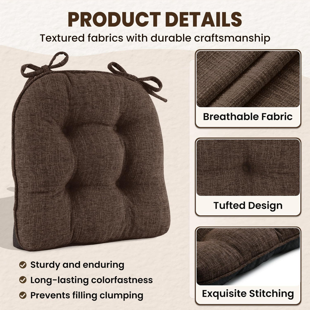 downluxe Indoor Chair Cushions for Dining Chairs, Tufted Overstuffed Textured Kitchen Chair Pads with Ties and Non-Slip Backing, 15.5" x 15.5" x 4", Aqua Blue, 4 Pack