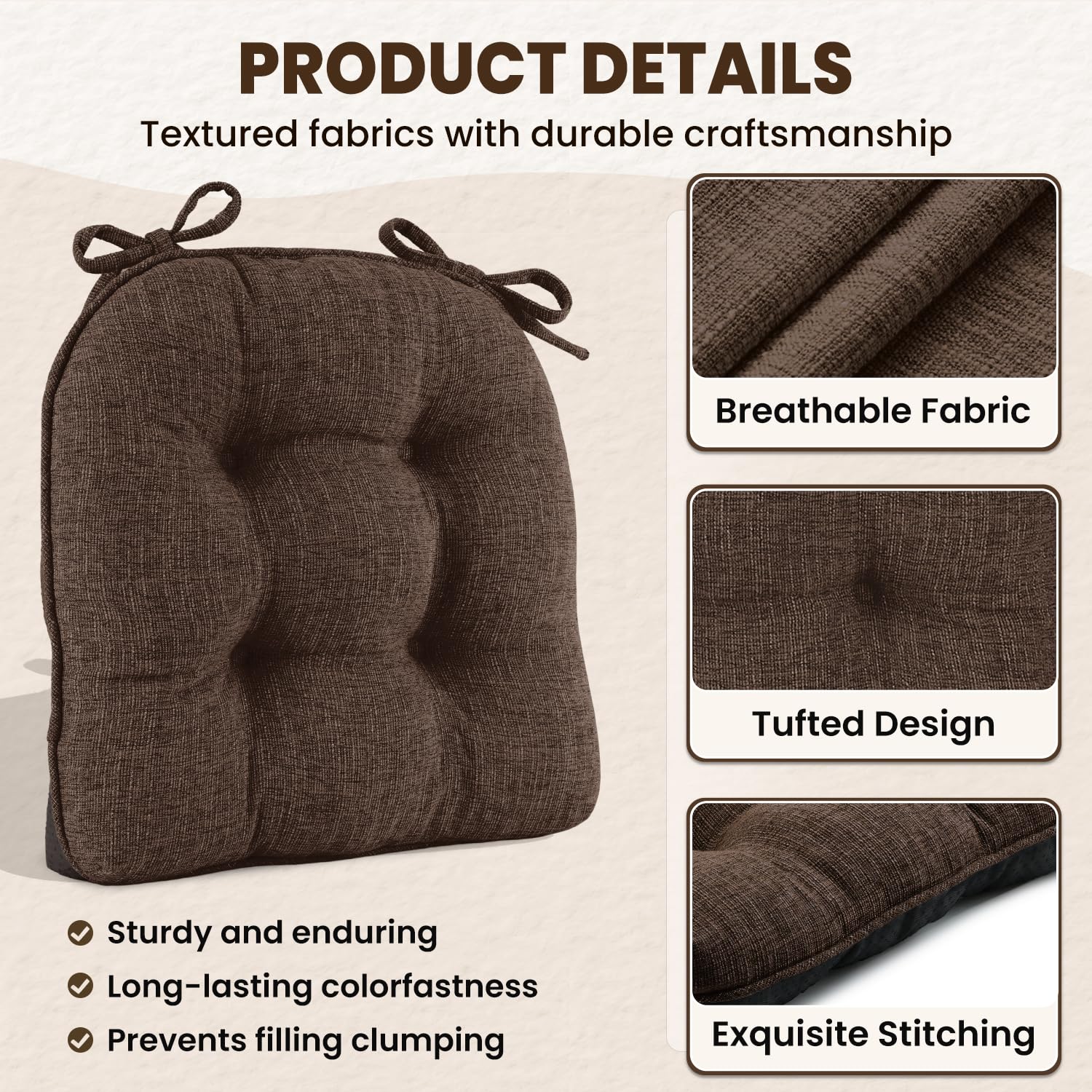 downluxe Indoor Chair Cushions for Dining Chairs, Tufted Overstuffed Textured Kitchen Chair Pads with Ties and Non-Slip Backing, 15.5" x 15.5" x 4", Aqua Blue, 4 Pack
