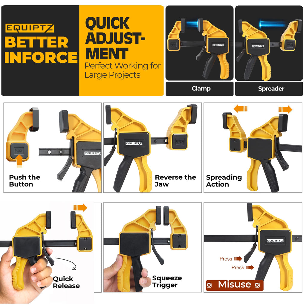 EQUIPTZ 6 Pack Bar Clamps for Woodworking – 2 Pcs 12" & 4 Pcs 6" Quick Grip Clamps Set with 150 lbs Force – Wood Clamps for Gluing, Carpentry, DIY, and Metalworking (Combo Sizes, 6 Pack)