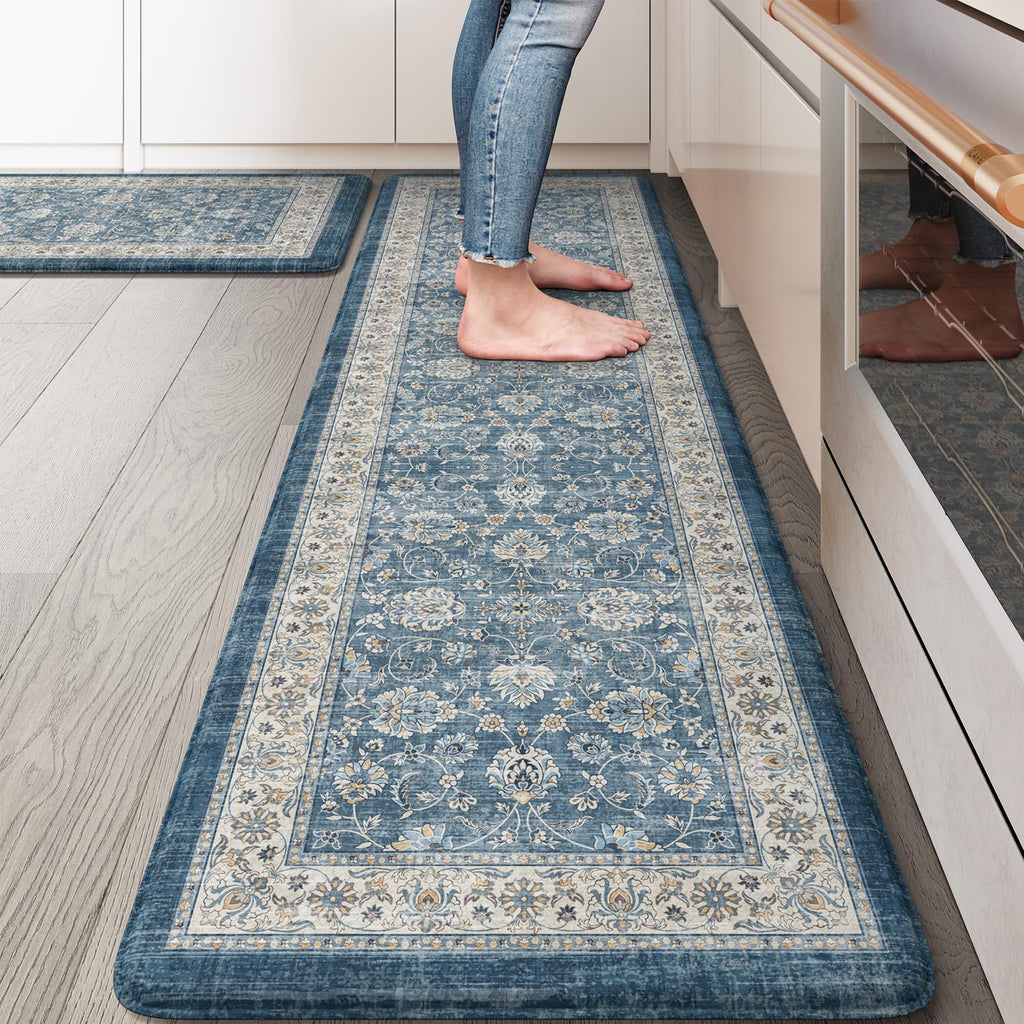 KIMODE Anti Fatigue Kitchen Mats 17"x47"+17"x29", Farmhouse Kitchen Rugs Sets of 2, Cushioned Non Skid Kitchen Mats for Floor, Comfort Kitchen Floor Mats for Sink Laundry Desk Black