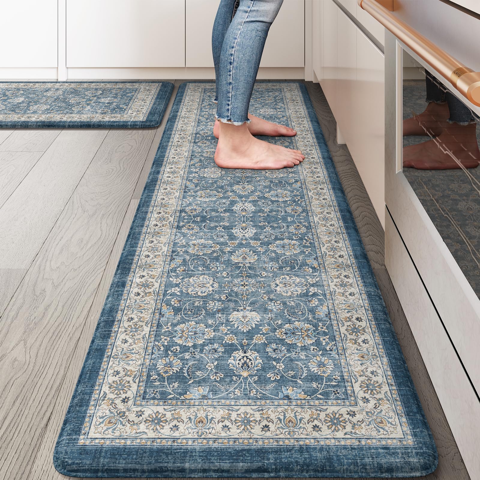 KIMODE Anti Fatigue Kitchen Mats 17"x47"+17"x29", Farmhouse Kitchen Rugs Sets of 2, Cushioned Non Skid Kitchen Mats for Floor, Comfort Kitchen Floor Mats for Sink Laundry Desk Black
