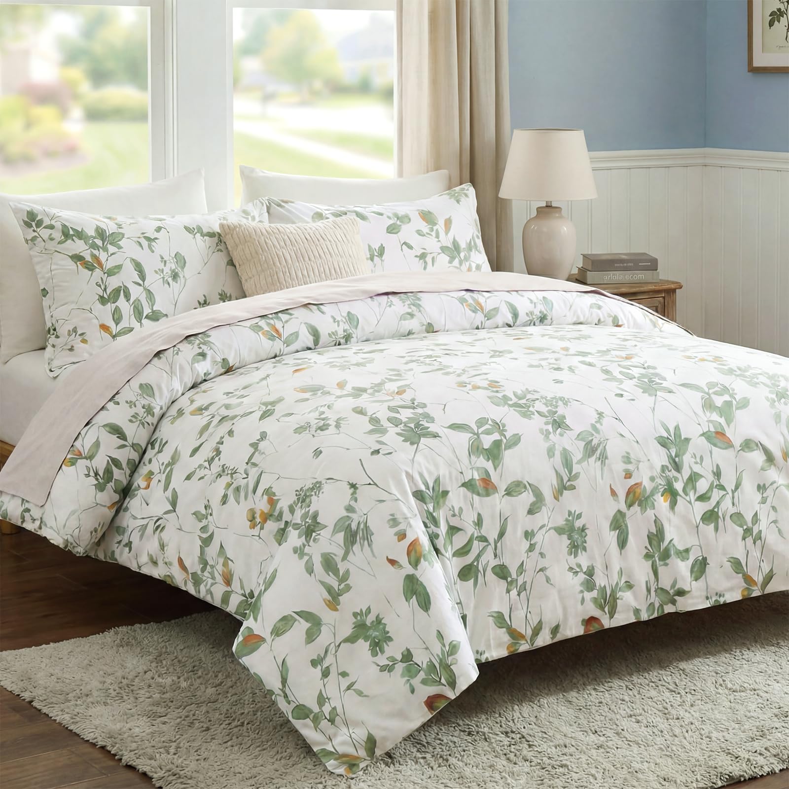 100% Natural Cotton Comforter Set Queen 3 Pcs Grayish Blue Bedding Sets with Luxurious Damask Pattern, Reversible Breathable Soft Comforter Sets for All Season