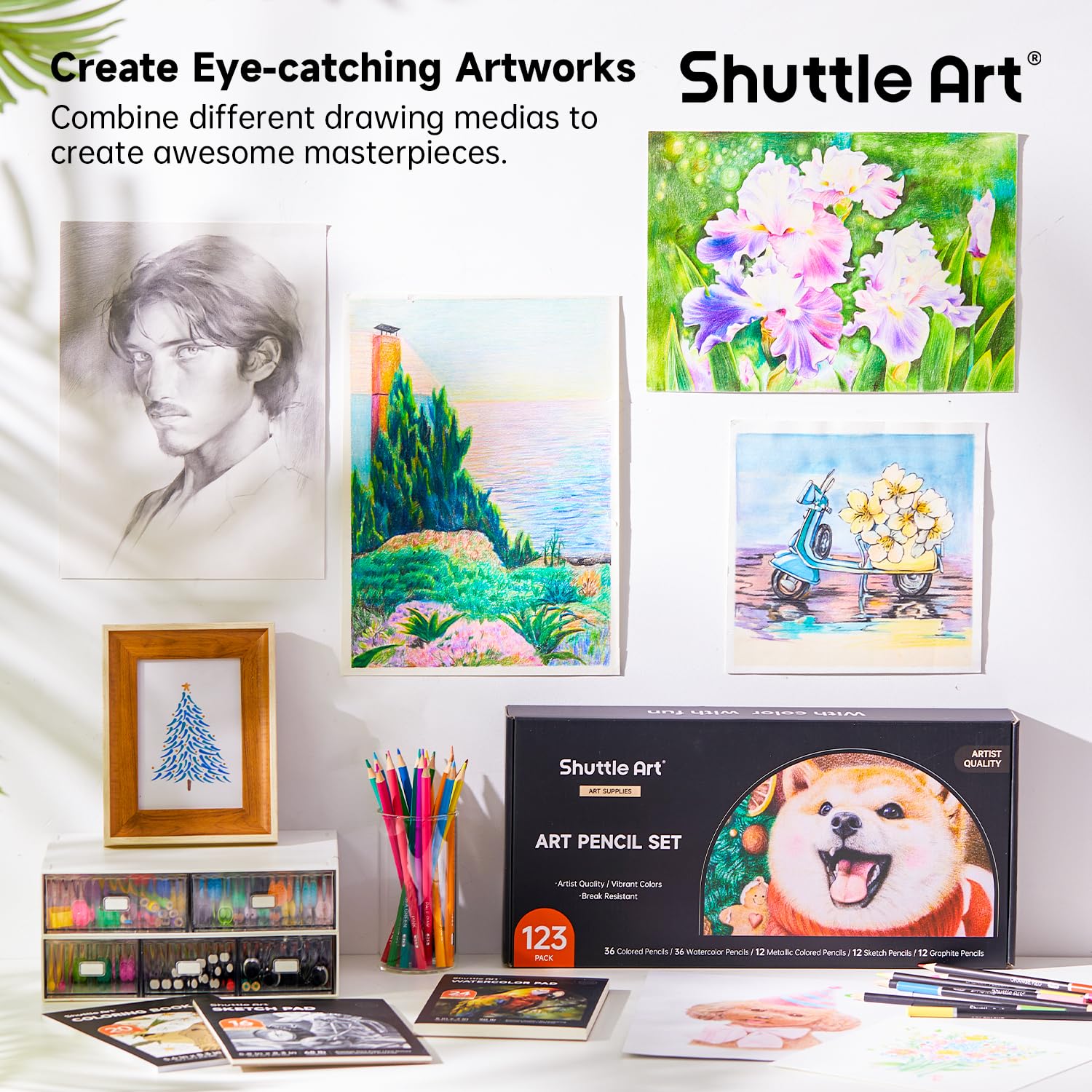 Shuttle Art 103 PCS Drawing Kit, Professional Drawing Supplies with Sketch, Charcoal, Colored, Graphite, Pastel Pencils & Sticks, Complete Drawing Tools and Paper Pads in Zipper Case for Artists&Kids
