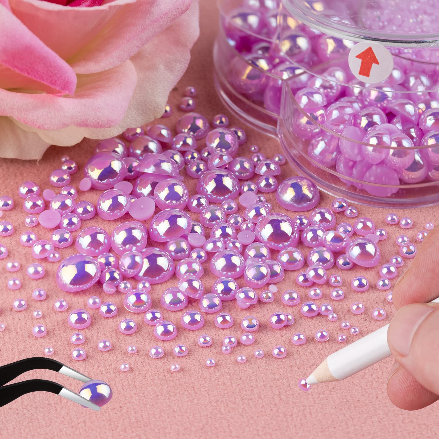 BELLEBOOST 5600pcs ABS Round Flat Back Beige Pearls Kit with Pickup Tools for Nail Art, Face, Body Decorations