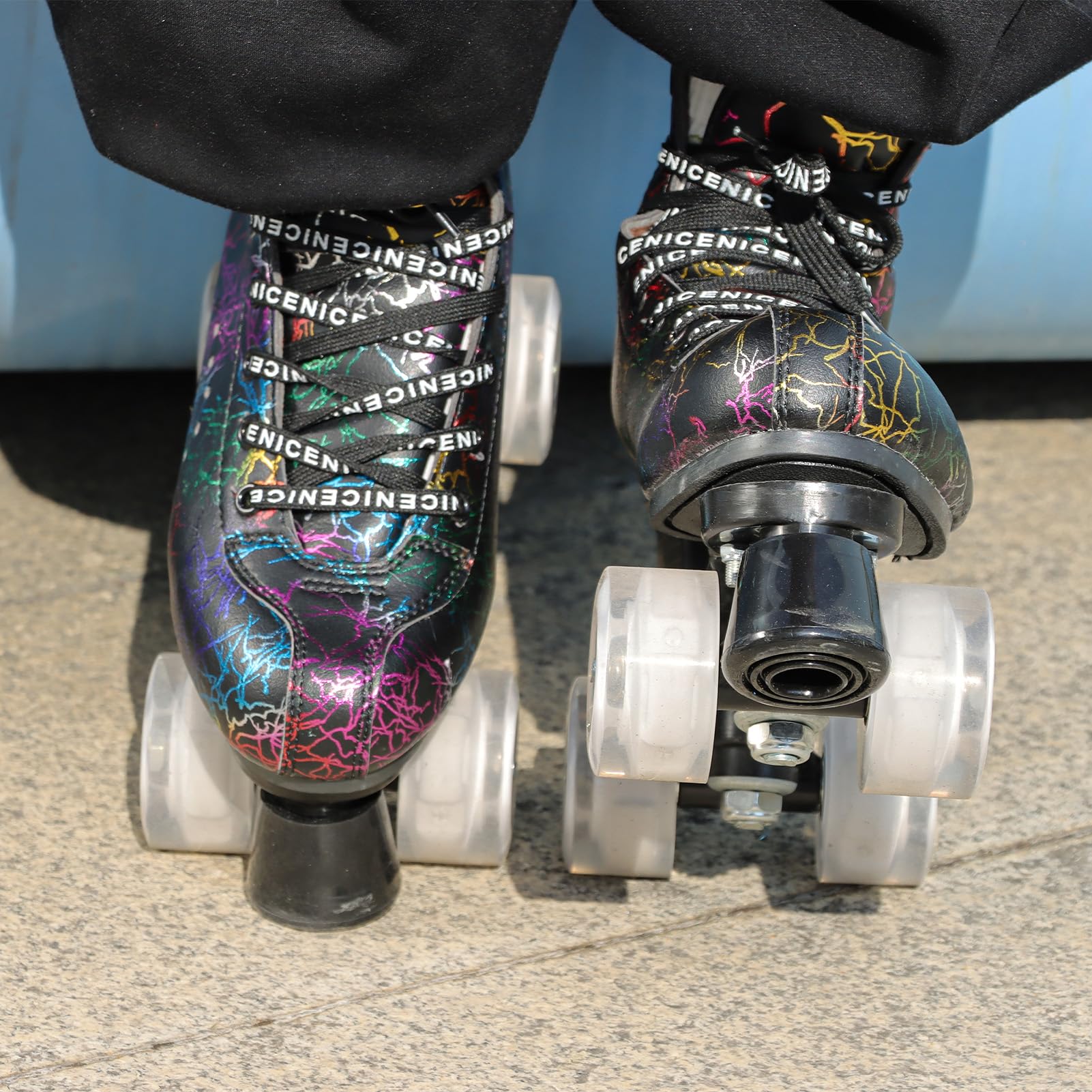 Roller Skates for Men and Women, Black Derby Roller Skates with 4 Shiny Wheel, Classic Double-Row Roller Skates for Indoor and Outdoor