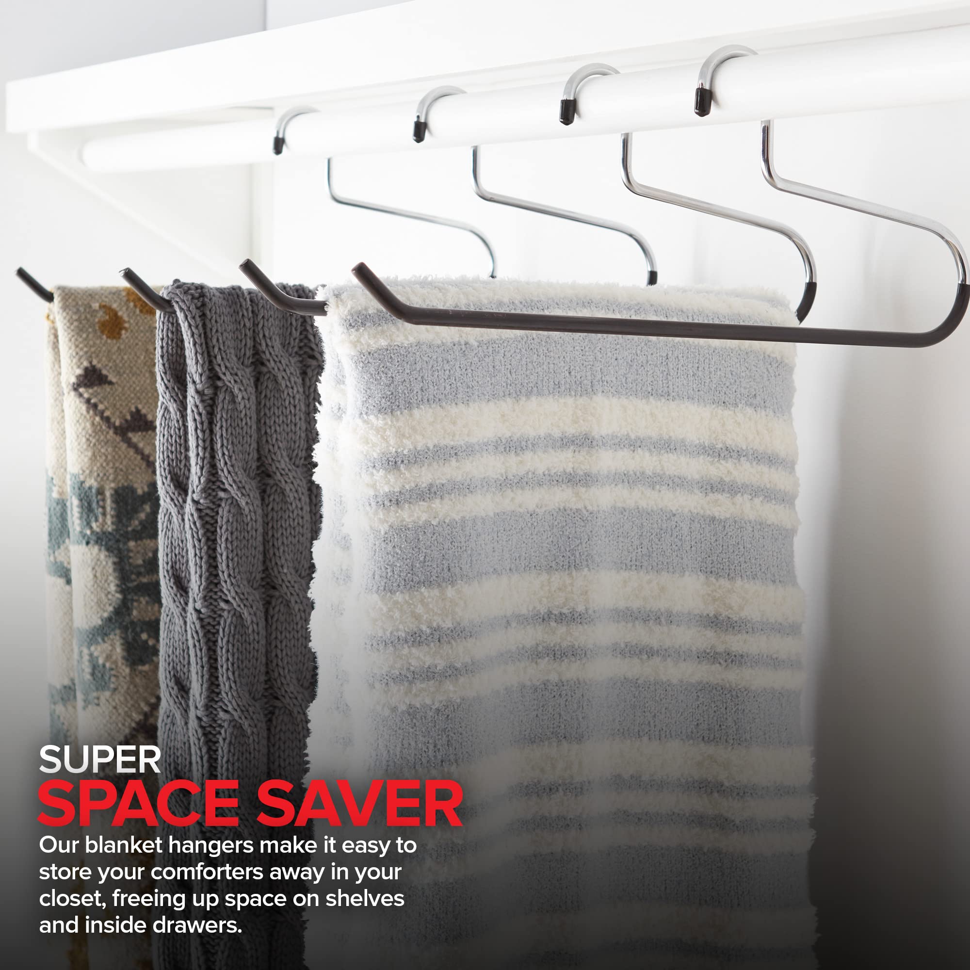 Blanket Hangers Set of 6 Heavy Duty Stainless Steel Hanger with Black Vinyl Nonslip Coating - Great for Closet Storage of Quilts, Comforters, Bedding, Table Cloths, Towels, Rugs and Sleeping Bags