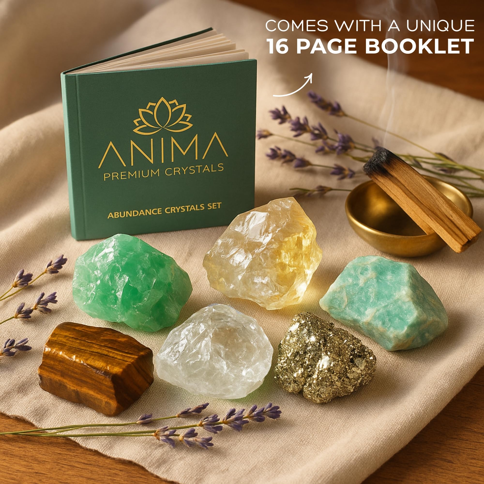 Anima Premium 7 Chakra Healing Crystals Set for Energy Alignment - Large Raw Amethyst, Rose Quartz, Citrine, Lapis Lazuli, Clear Quartz, Tigers Eye & Red Jasper - Wooden Gift Box & Guidebook Included