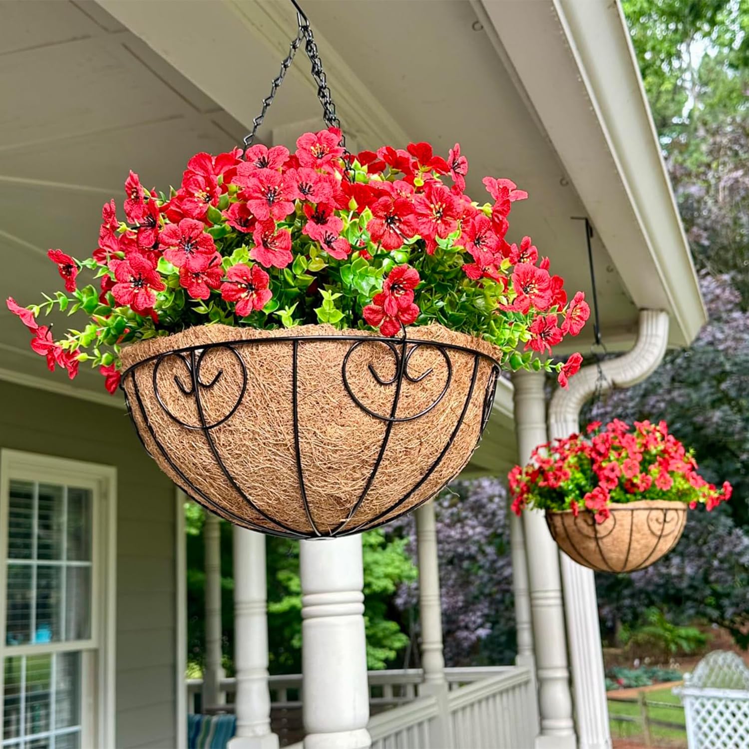 Ammyoo Artificial Faux Hanging Plants Flowers Basket for Spring Outdoor Decoration, Fake Silk Daisy UV Resistant Look Real with Eucalyptus Leaves Summer Outside Decor for Home Patio Garden