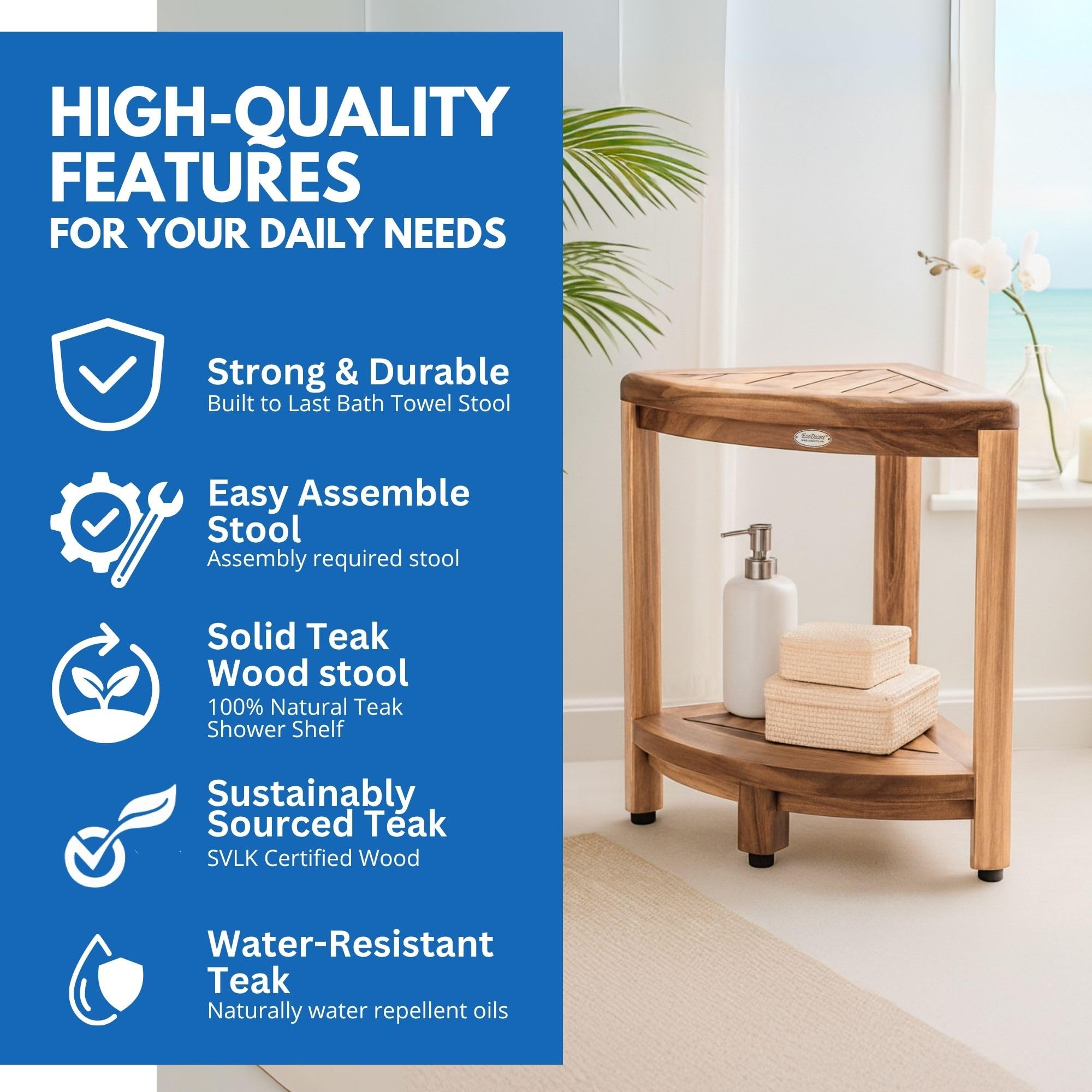 DecoTeak Teak Corner Shower Shelf – 2 Tier Waterproof Bathroom Storage Organizer Compact Wood Storage | Water-Resistant Design | Space Saver for Showers & Small Bathrooms | Shaving Foot Rest