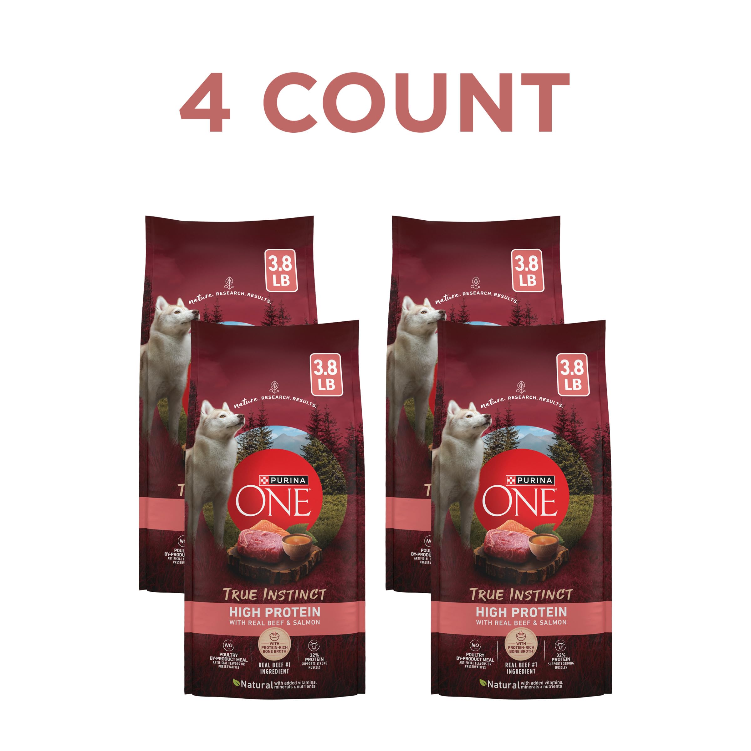 Purina ONE Natural High Protein Dry Dog Food Dry True Instinct with Real Beef and Salmon With Bone Broth and Added Vitamins, Minerals and Nutrients - 15 lb. Bag