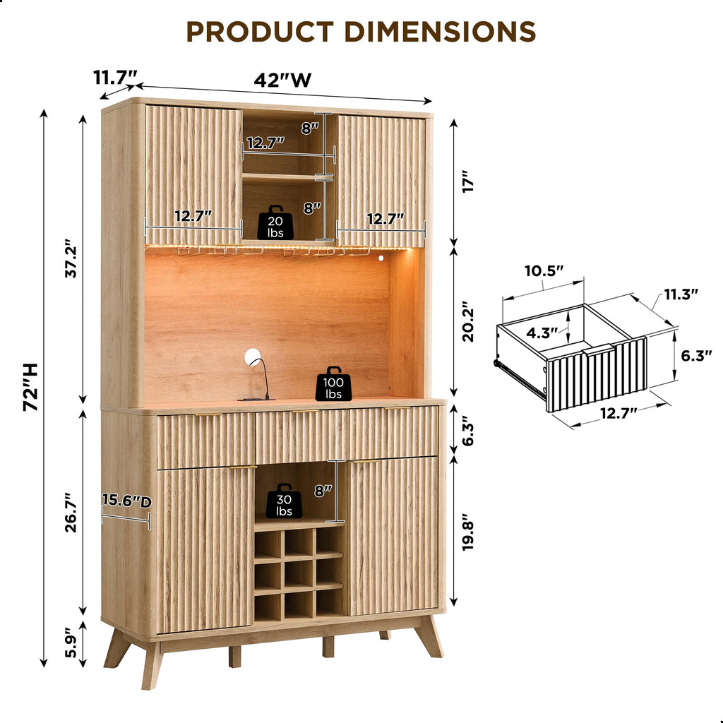 OKD 72" Tall Fluted Coffee Bar Cabinet with Ample Storage, Modern Buffet Sideboard with Glass Holder/Wine Rack/Led Lights/Charging Station, Wine Cabinet for Kitchen, Dining Room, Home Bar, Dark Walnut