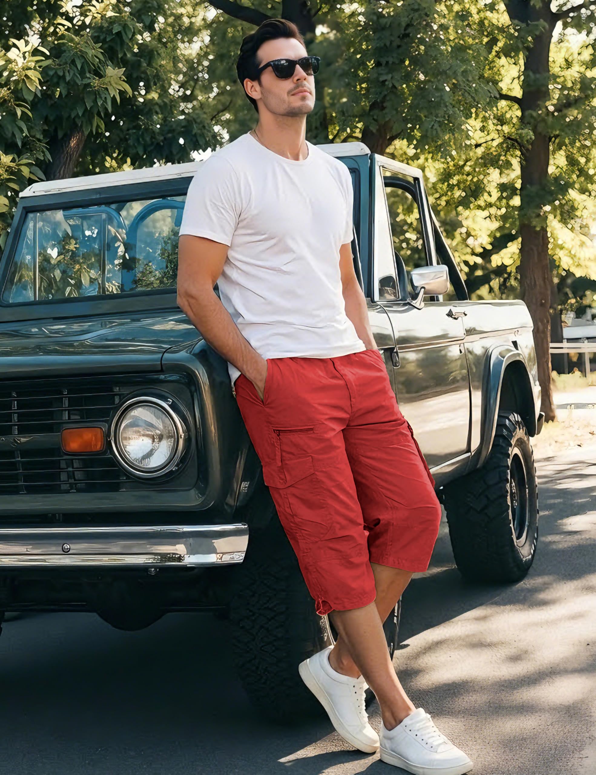 EKLENTSON Men's Cargo Shorts Casual Twill Elastic 3/4 Capri Pants Below Knee Long Shorts with 7 Pockets