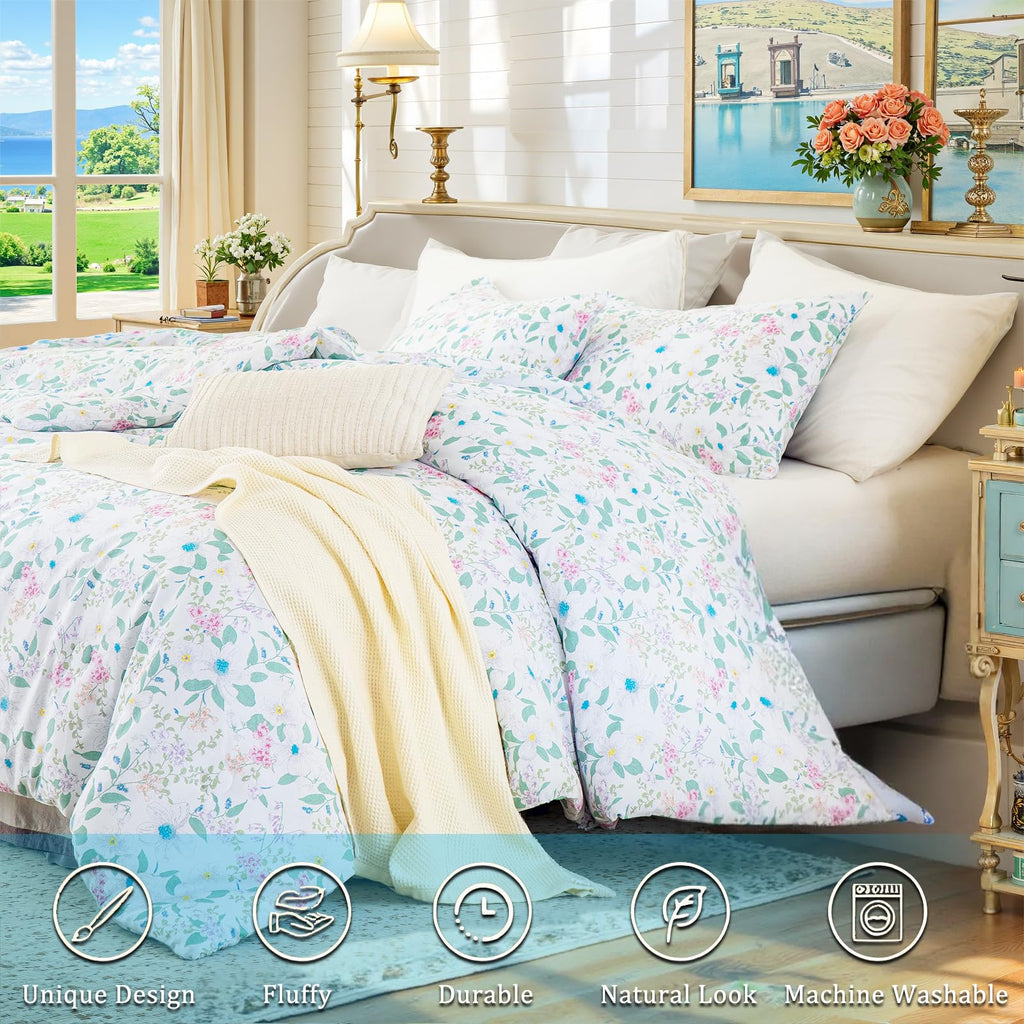 100% Natural Cotton Comforter Set Queen 3 Pcs Grayish Blue Bedding Sets with Luxurious Damask Pattern, Reversible Breathable Soft Comforter Sets for All Season
