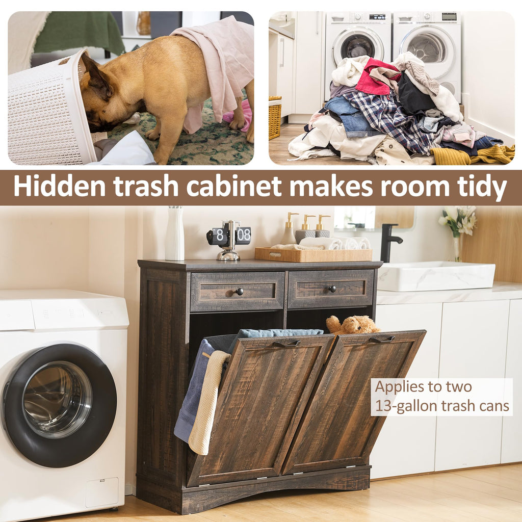 AHB Double Tilt Out Trash Can Cabinet Freestanding Kitchen Trash Can, 2x13 Gallons Hidden Garbage Recycling Cabinet with Hideaway Drawers Pet Proof Trash Can Holder for Kitchen, Antique White