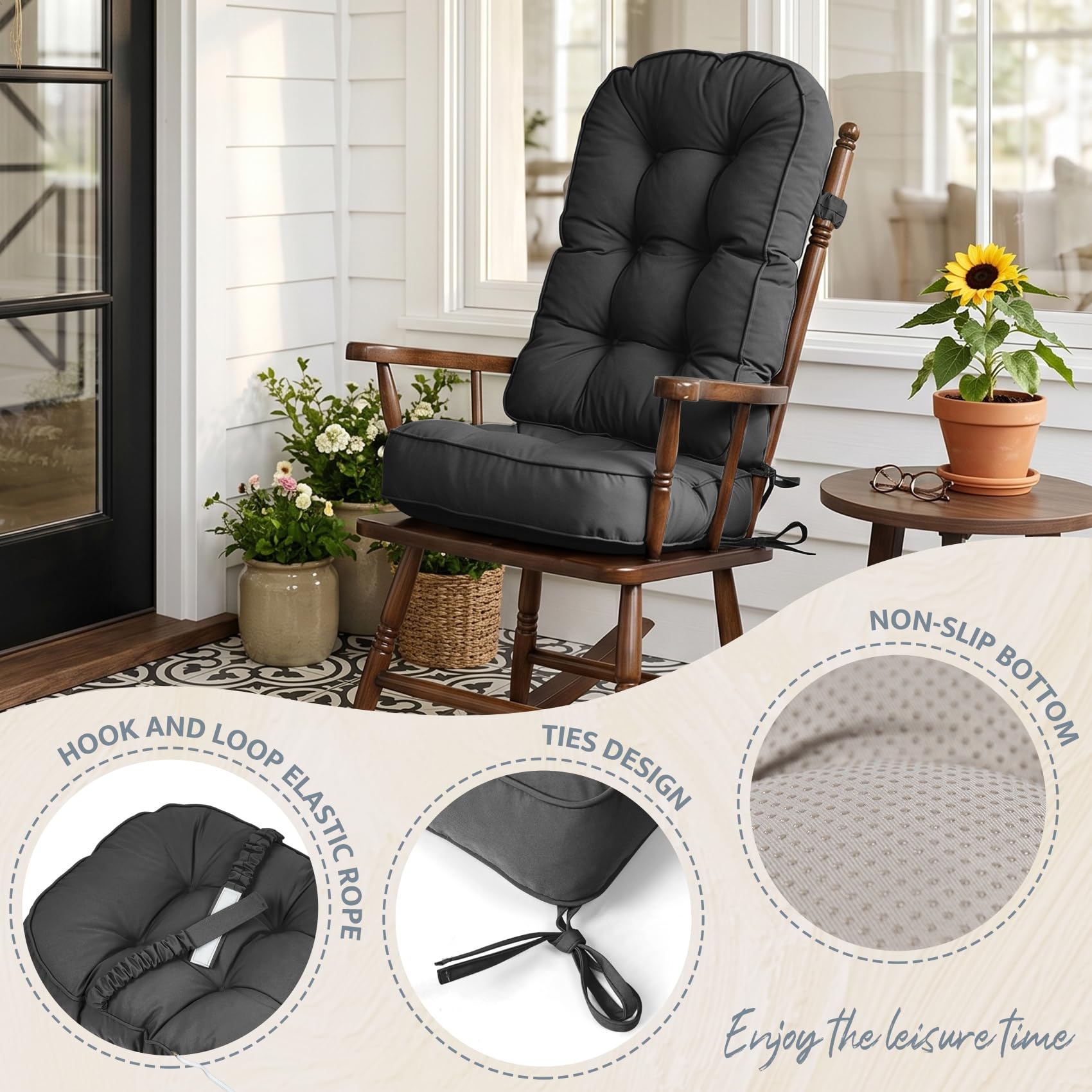 mudilun Rocking Chair Cushion - Non-Slip Tufted 4-Inch Thickened Rocking Chair Cushions with Ties Indoor/Outdoor Wooden Rocking Chair Pad for Living Rooms, Bedrooms, and Balconies