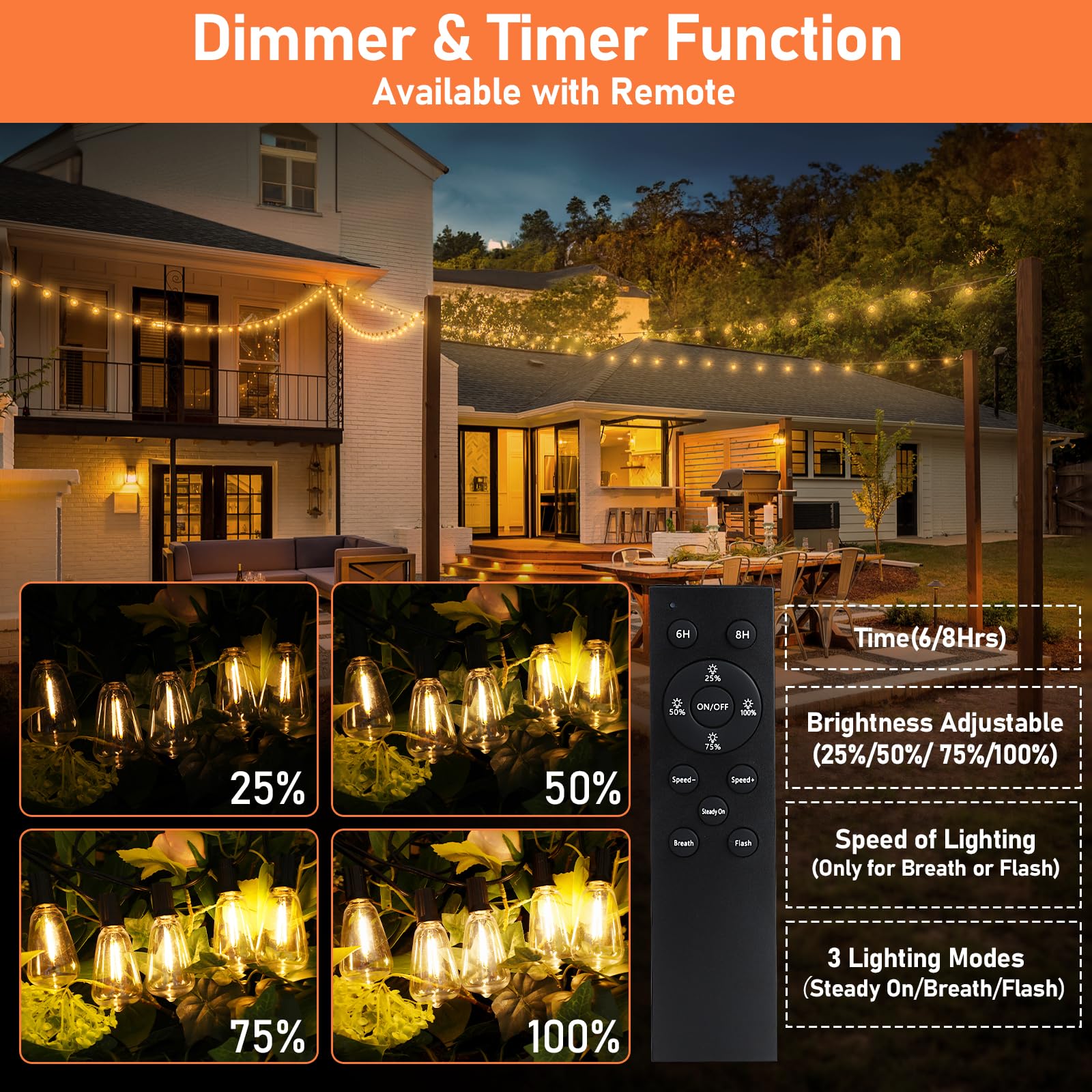 50 FT Solar String Lights for Outside, Solar Powered Outdoor String Lights with 26 Shatterproof Edison Bulbs, Dimmable Patio Lights Waterproof with Remote Timer for Wedding Backyard(Warm White)