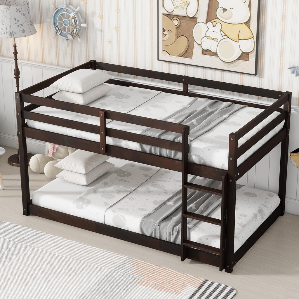 Bunk Bed Twin Over Twin, Wood Low Profile Floor Twin Bunk Beds with Headboard Ladder Guardrails for Kids Boys and Girls, No Box Spring Needed