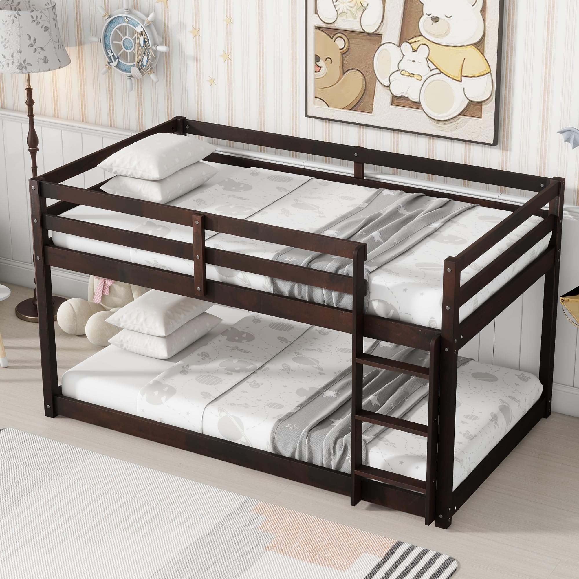Bunk Bed Twin Over Twin, Wood Low Profile Floor Twin Bunk Beds with Headboard Ladder Guardrails for Kids Boys and Girls, No Box Spring Needed