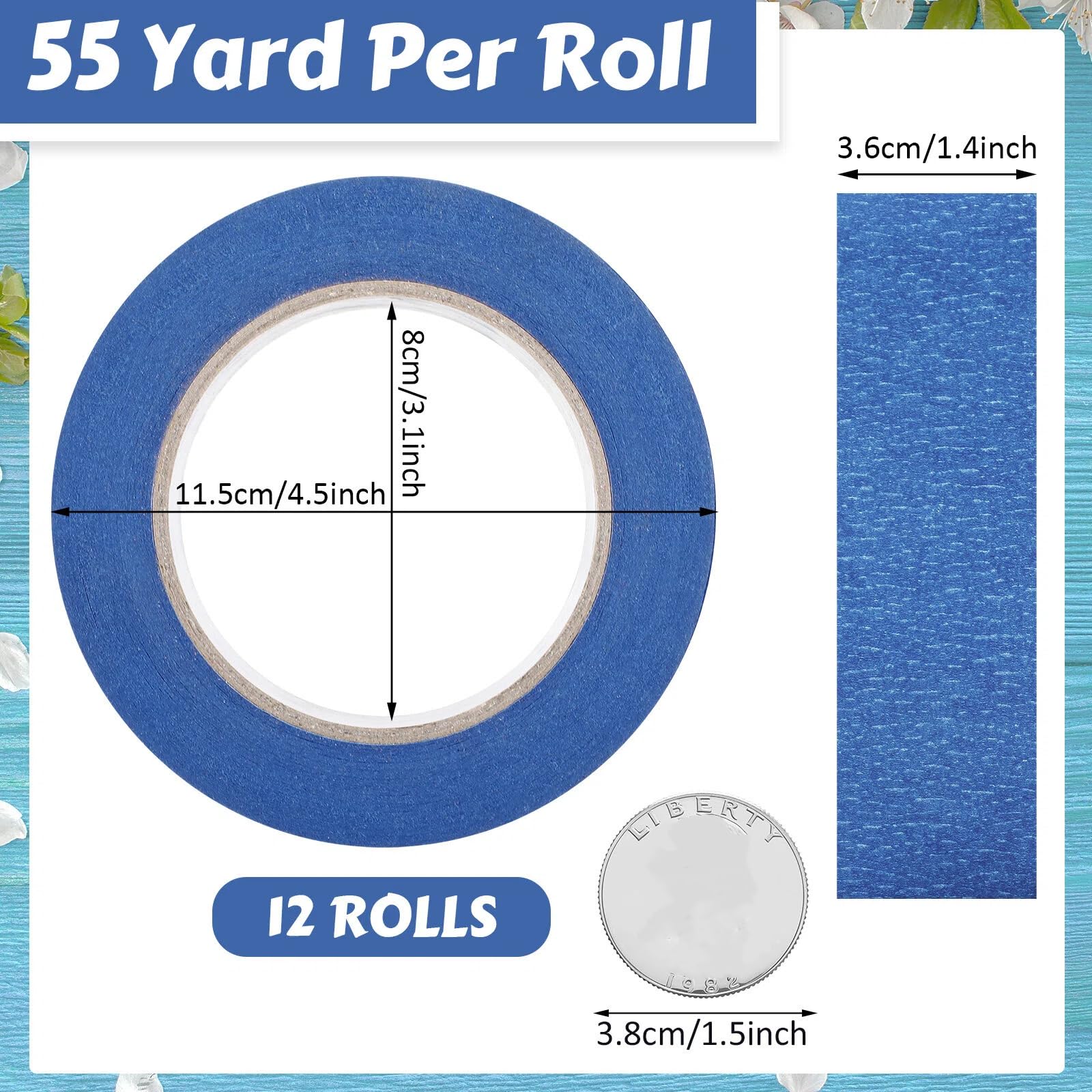 Fainne 12 Rolls Blue Painters Tape Bulk Multi Pack Safe Paint Paper Masking Tape for Wall Painting Decoration Supplies (Blue,1 Inch X 55 Yards)