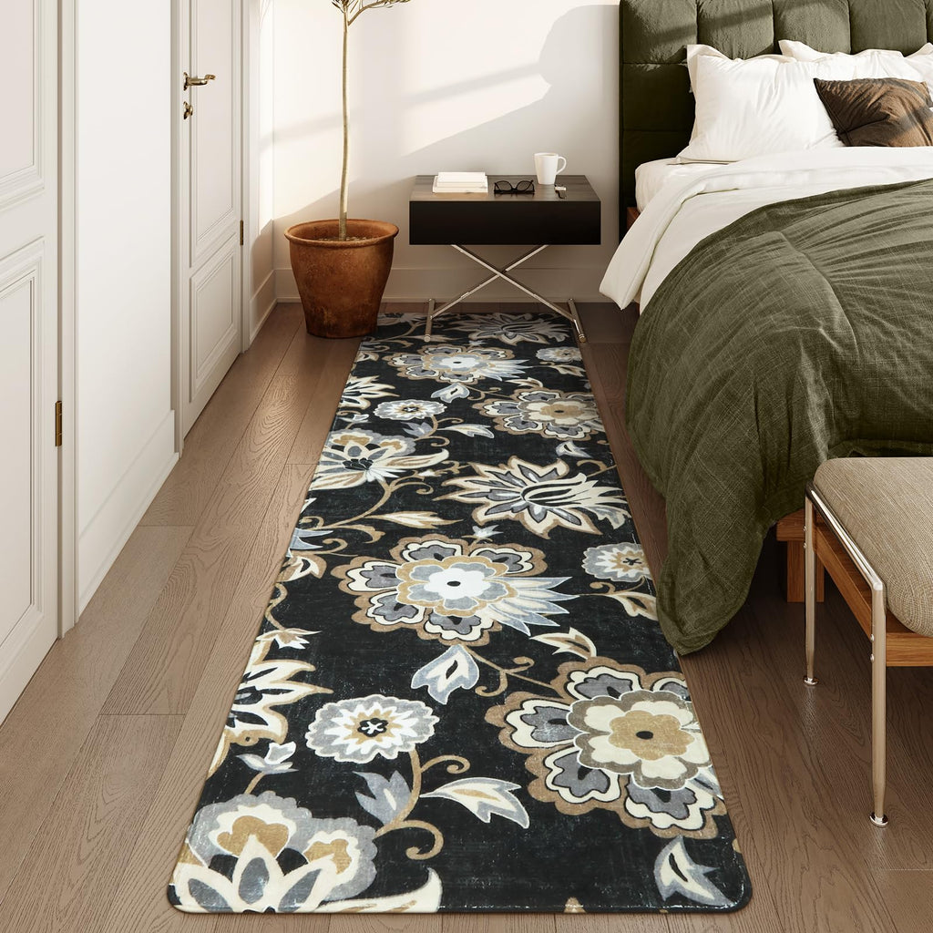 Lahome Floral Washable Area Rugs - 2x3 Non-Slip Small Entryway Rug Indoor, Throw Stain Resistant Kitchen Rugs Soft Black Paisley Print Bathroom Mats DoorMat Carpet for Bedroom Laundry Living Room Sink
