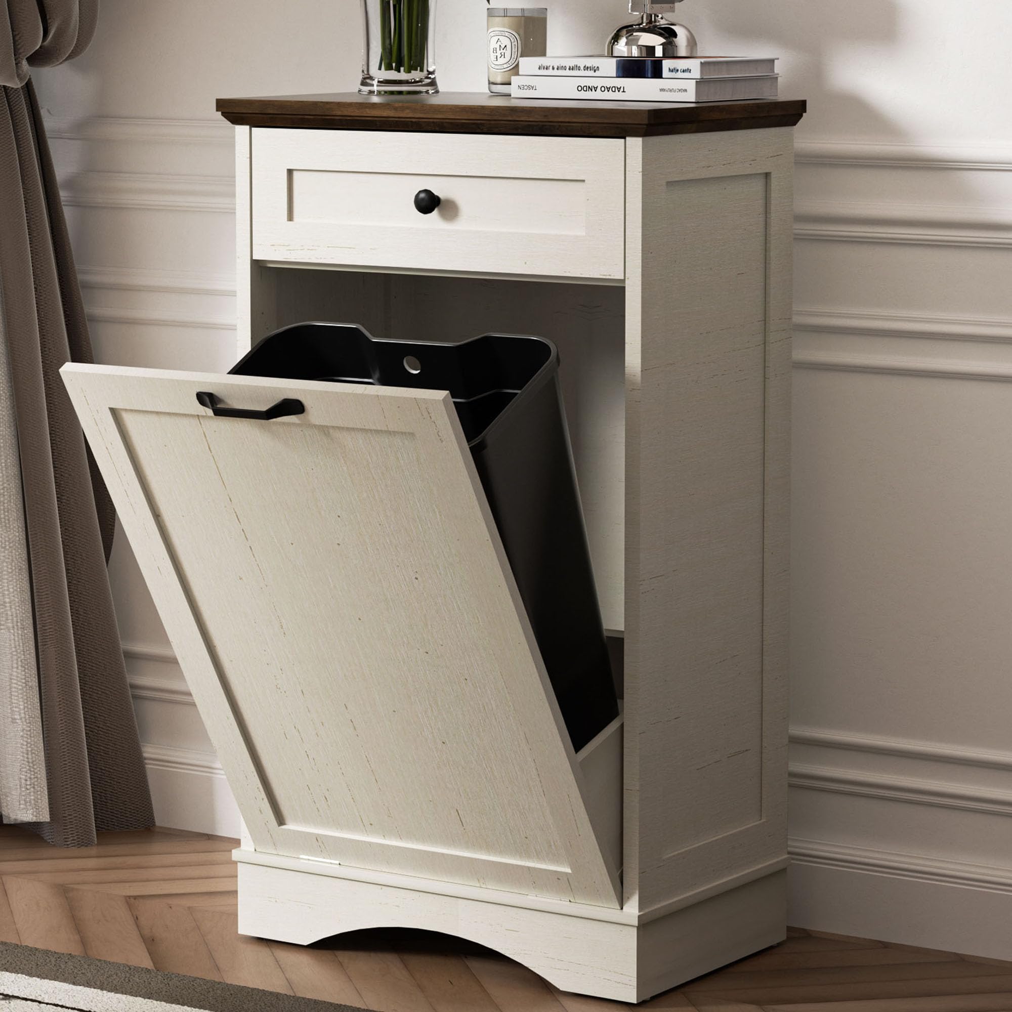 AHB Double Tilt Out Trash Can Cabinet Freestanding Kitchen Trash Can, 2x13 Gallons Hidden Garbage Recycling Cabinet with Hideaway Drawers Pet Proof Trash Can Holder for Kitchen, Antique White