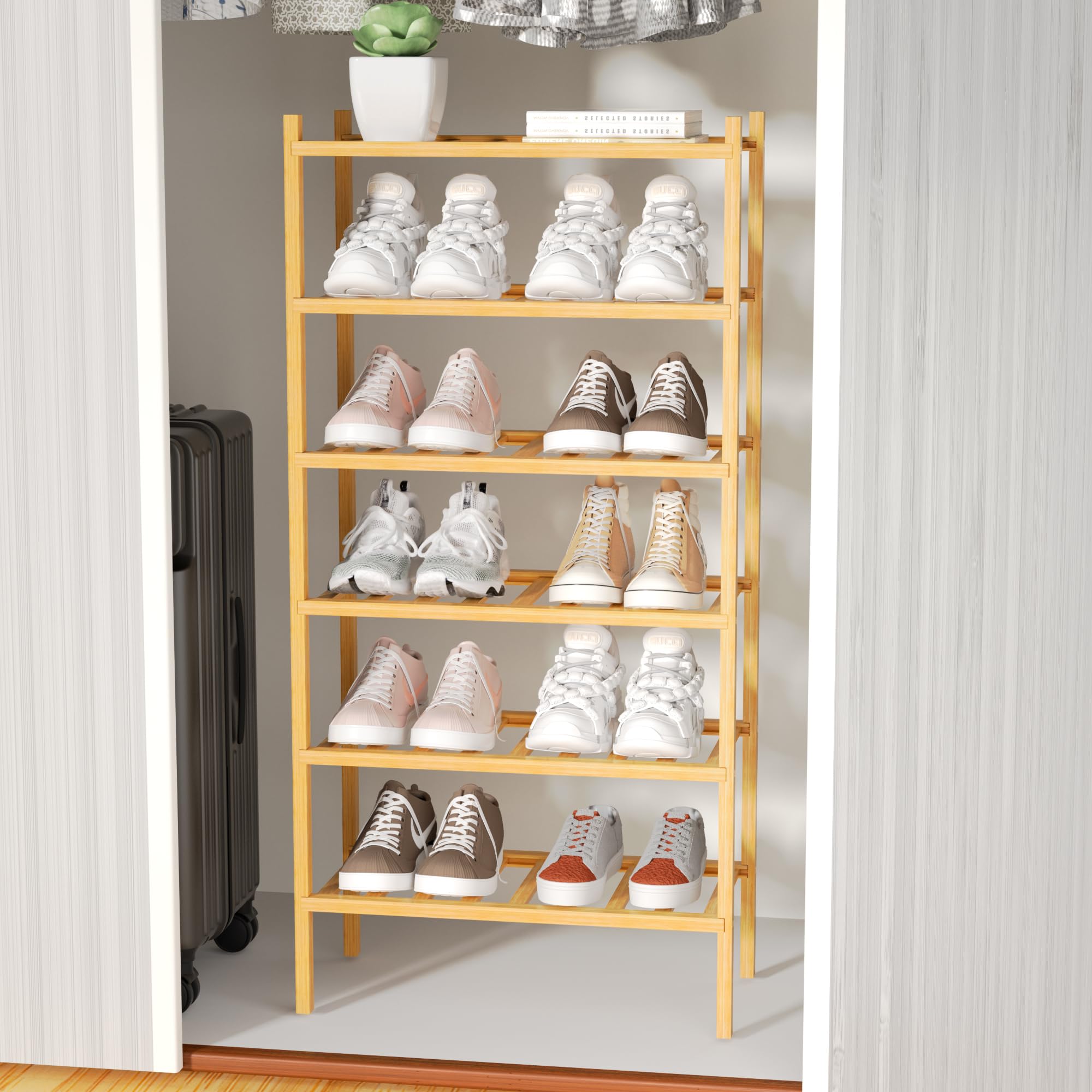 ROMGUAR CRAFT 2-Tier Bamboo Long Shoe Rack, Free Standing Wood Shoe Shelf Storage Organizer for Closet Entryway Stackable 35"x11"x13" (Black)