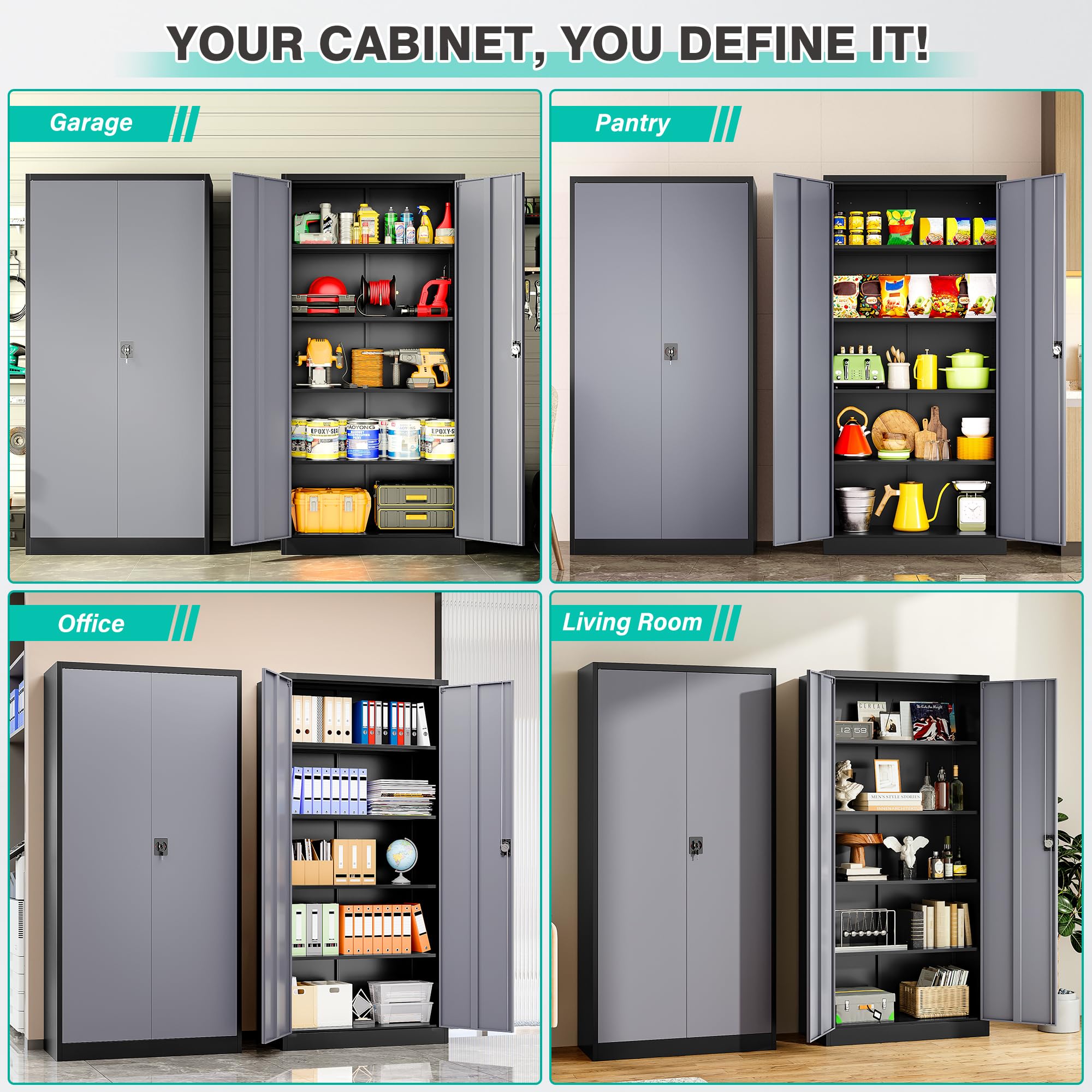 SISESOL Wide & Deep Metal Storage Cabinet with Wheels,Tall Rolling Garage Storage Cabinet with Lock,Black Metal Cabinets with Pegboards and Shelves,Tool Locker for Garage,Home,Office,43''Wx 20''Dx71"H