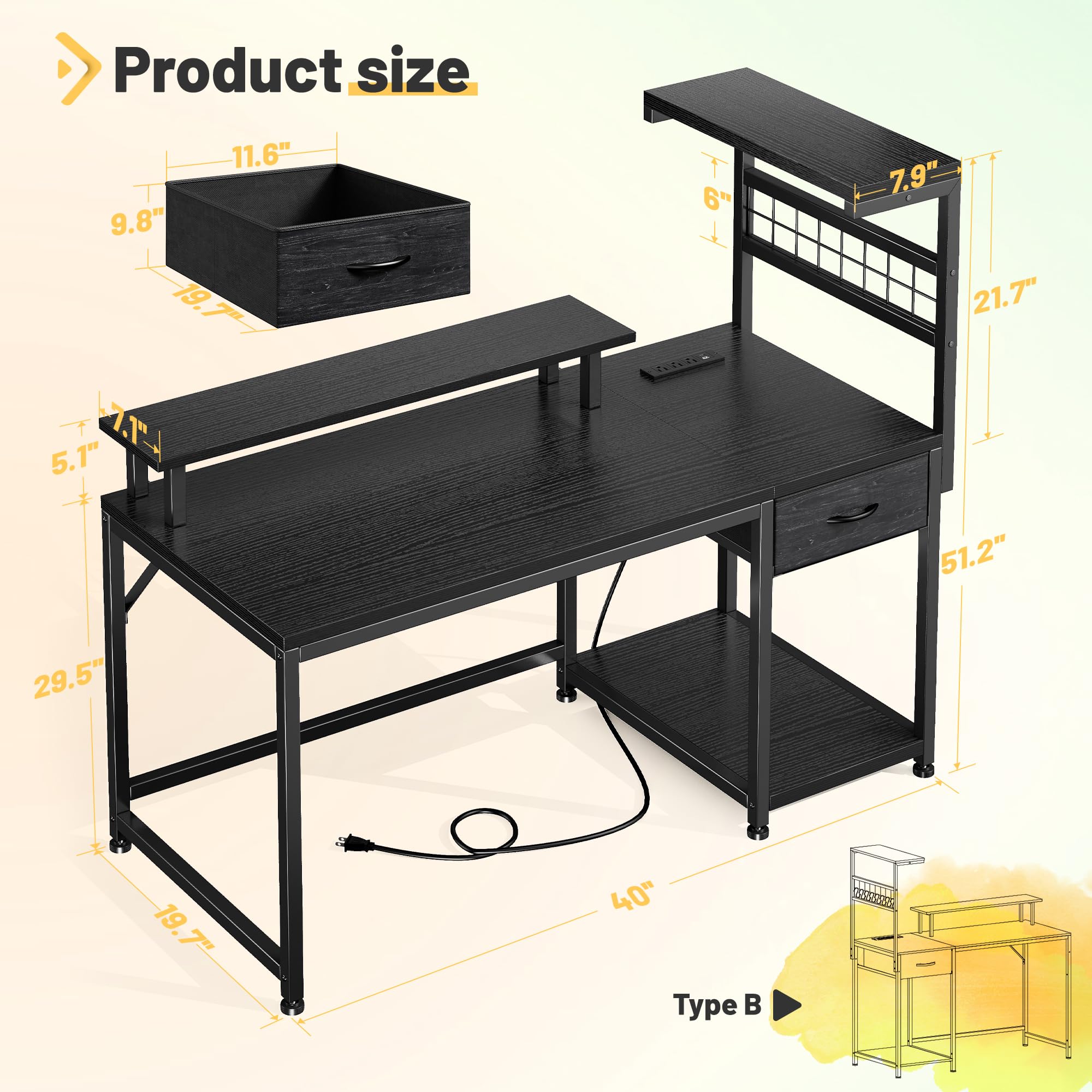 EnHomee 40" Gaming Desk with Power Outlets & LED Lights, Computer Desk with Drawer & Storage Shelve, Home Office Desk with Monitor Stand for Living Room, Study Room, Gaming Room, Black