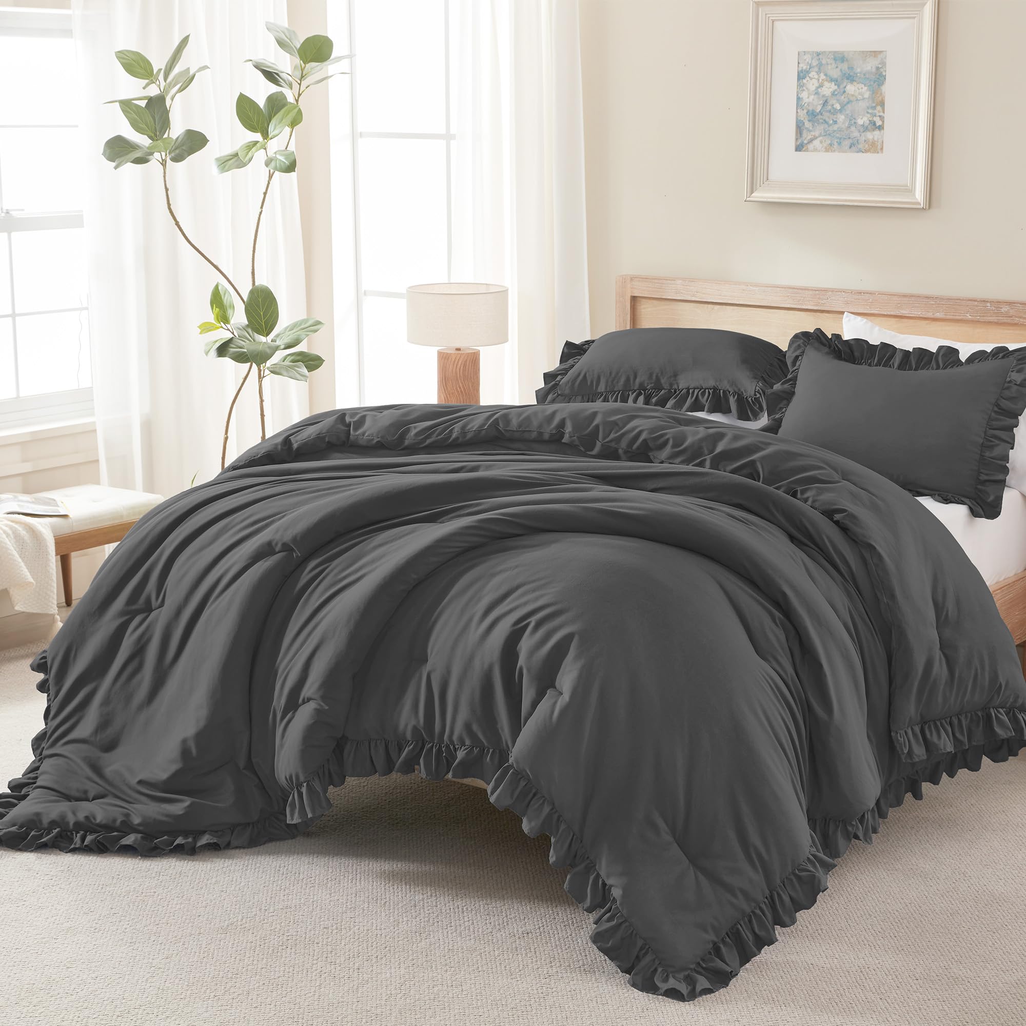 Andency Beige Twin Size Ruffle Comforter, 2 Pieces Farmhouse Shabby Classic Bed Set for Kids, Lighteweight Soft Polyester Bedding Set for Girls(1 Ruffle Comforter and 1 Pillowcase)