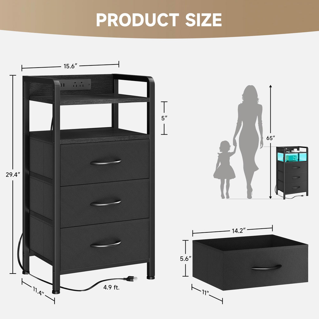 Lazzanto Night Stand Bedside Charger Bedroom - Nightstand with Charging Station & LED Light Strip, Night Stand with Storage Shelf & 2 Fabric Drawers, Morden End Table with U-S-B Ports & AC Outlets