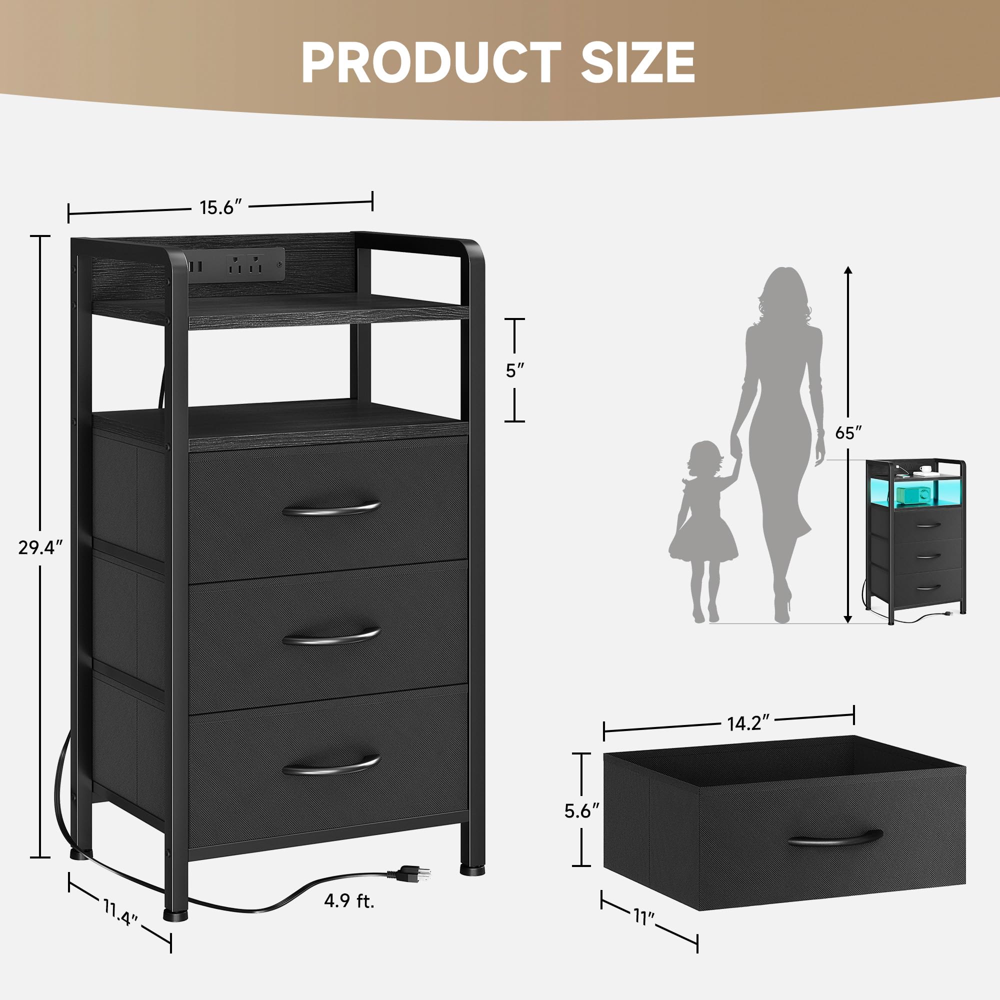 Lazzanto Night Stand Bedside Charger Bedroom - Nightstand with Charging Station & LED Light Strip, Night Stand with Storage Shelf & 2 Fabric Drawers, Morden End Table with U-S-B Ports & AC Outlets