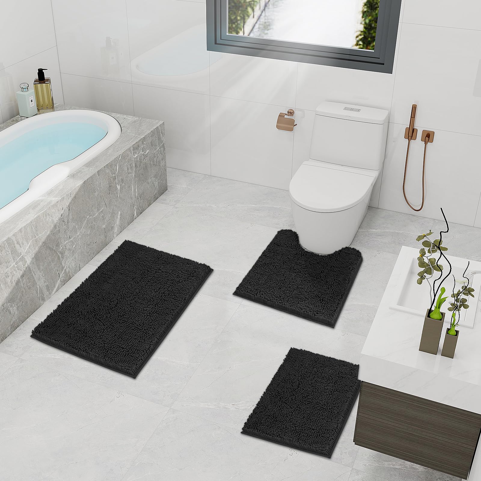 TREETONE Chenille Bath Mat 3 Pieces Bathroom Rugs Set, 20x20 Inches U-Shape Contoured Toilet Mat & 20x32 Inches Rug & Lid Cover,Water Absorbent Plush Rugs for Tub Shower & Bath Room -Beige