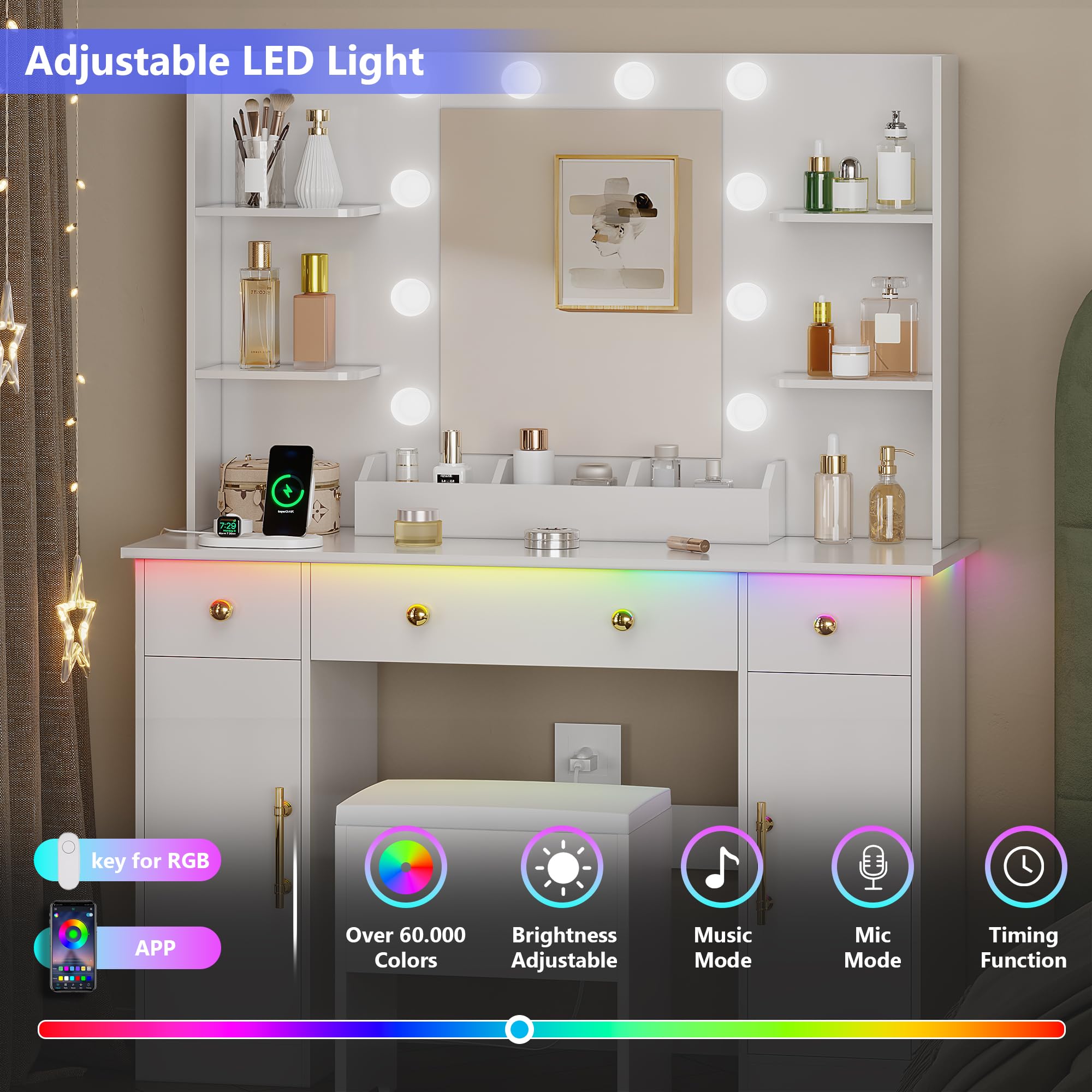 HUANLEGO Vanity Desk with Mirror and Lights, Makeup Vanity with Mirror and LED Lights & Power Outlet, 3 Drawers and Cabinets, 3 Lighting Modes Dressing Table Set for Girls Women Bedroom,Oak