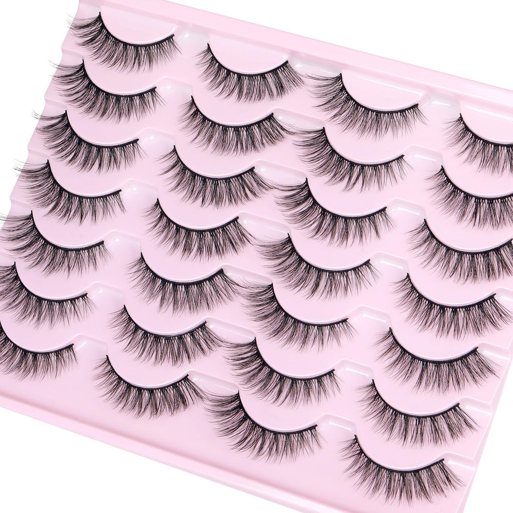 False Lashes Natural Look Wispy Eyelashes Manga Korean Spiky 16mm Short Faux Mink Eyelashes Cat Eye Natural Fake Eyelashes Strip Lashes Pack 14 Pairs