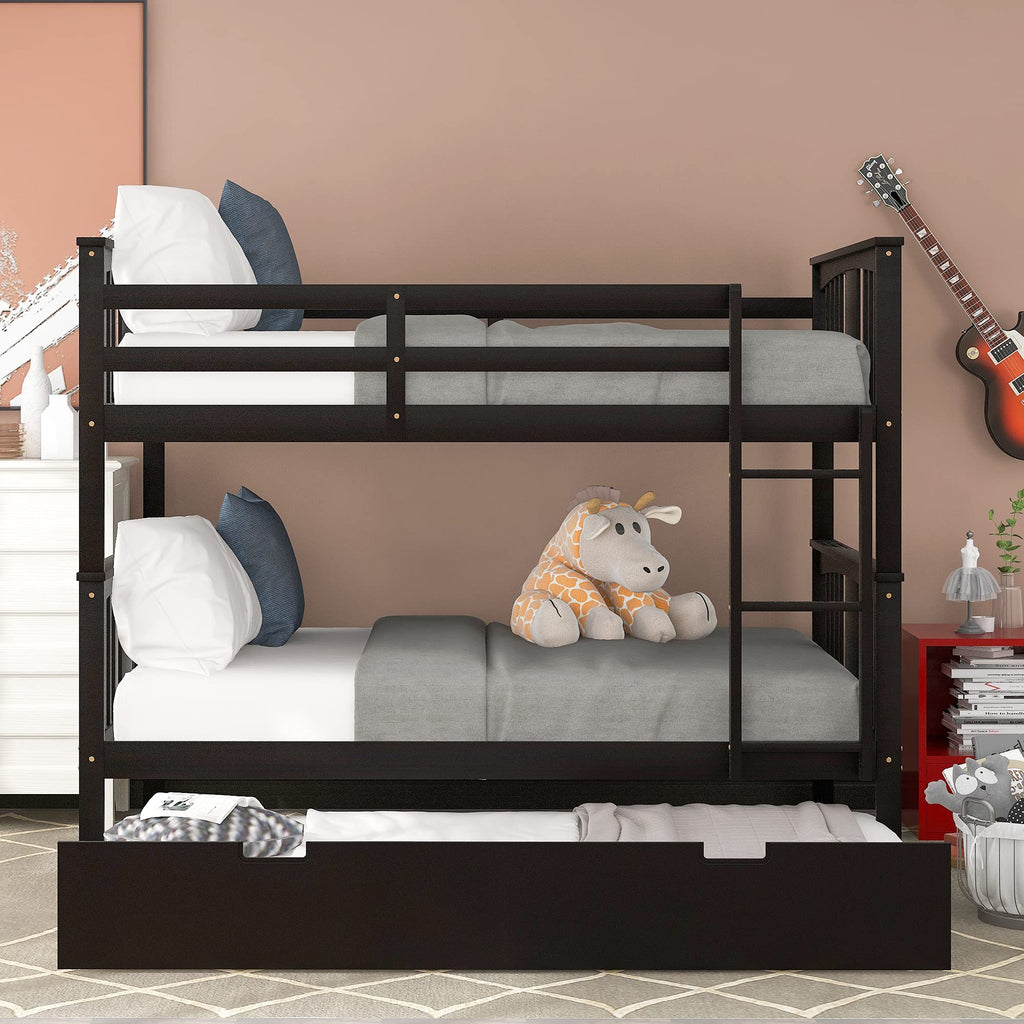 Merax Full Over Full Bunk Bed Convertible to Two Separate Beds, Solid Pine Wood Frame with Safety Guardrail & Headboard, Sturdy Durable Design, for Teens, Espresso
