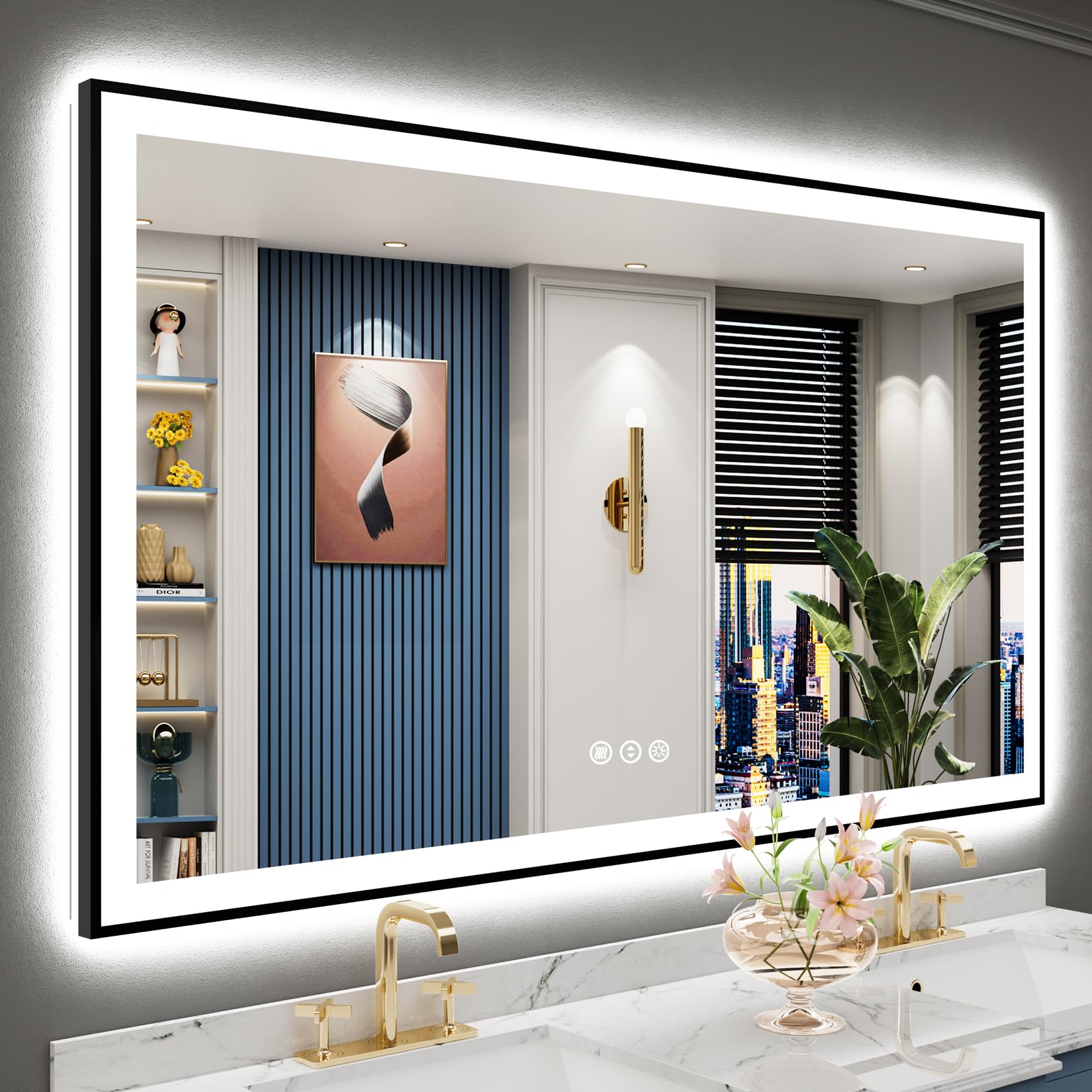 24x32 Black Framed LED Bathroom Mirror with Lights, Backlit and Front Lit Anti-Fog Lighted Vanity Mirrors for Bathroom Wall, Dimmable, 3 Colors, Memory, HD Tempered Glass, Horizontal/Vertical