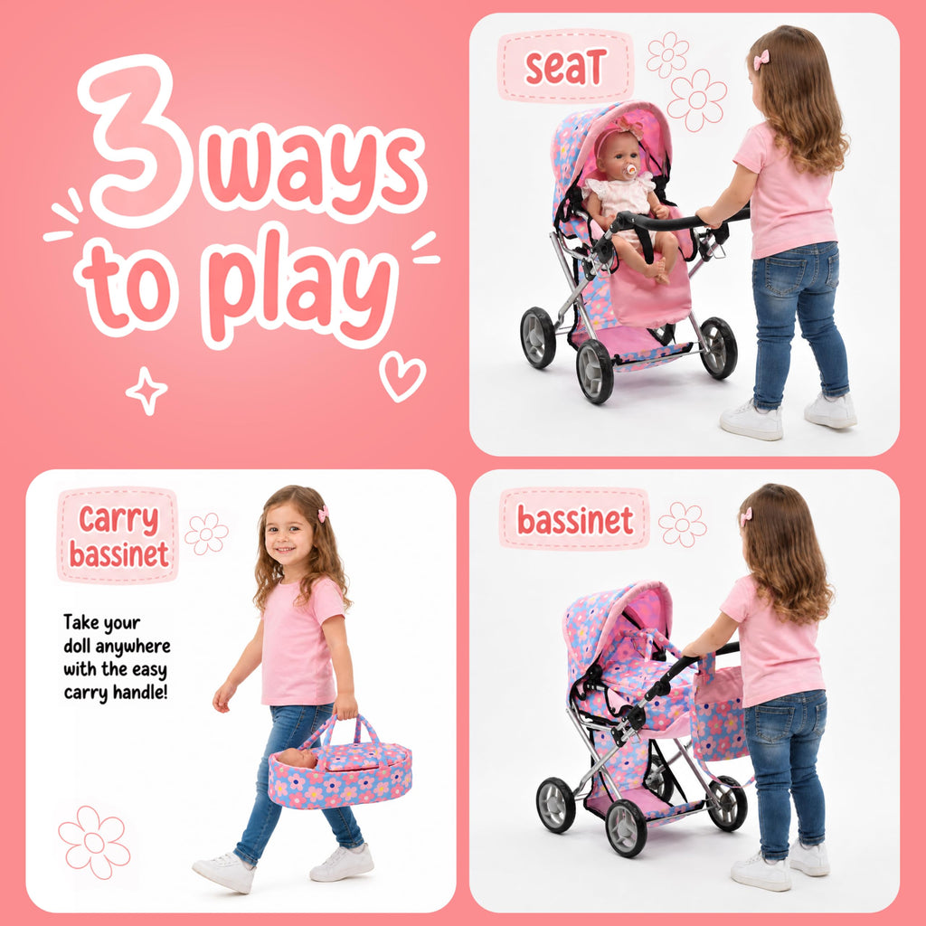 Baby Doll Convertible Pram Stroller with Removable Travel Bassinet Carrier for Kids Adjustable Handle Buggy Carriage with Canopy and Storage Basket 25 Inch Pink, Black