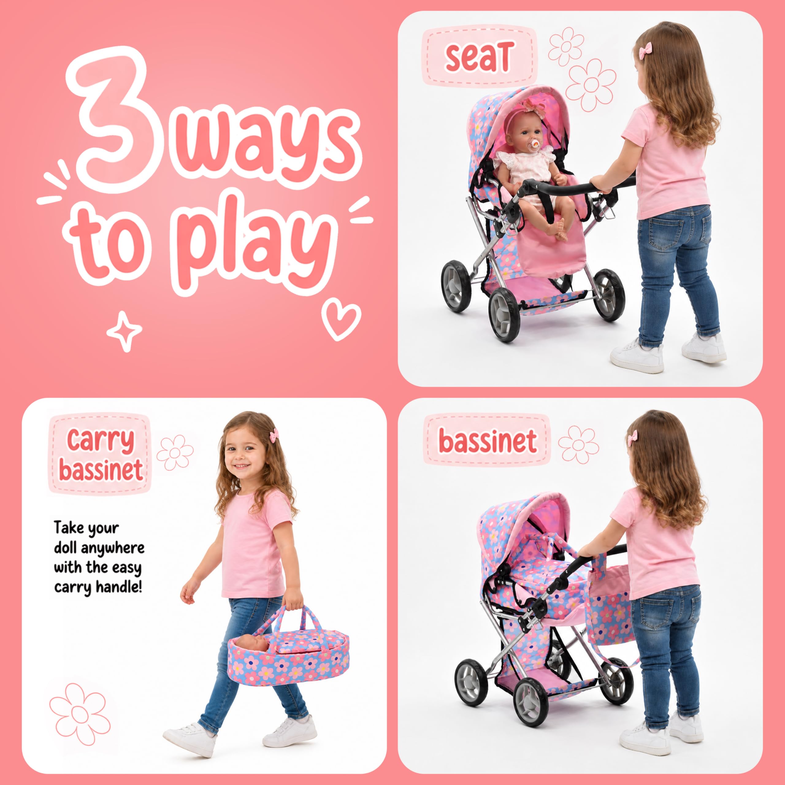 Baby Doll Convertible Pram Stroller with Removable Travel Bassinet Carrier for Kids Adjustable Handle Buggy Carriage with Canopy and Storage Basket 25 Inch Pink, Black