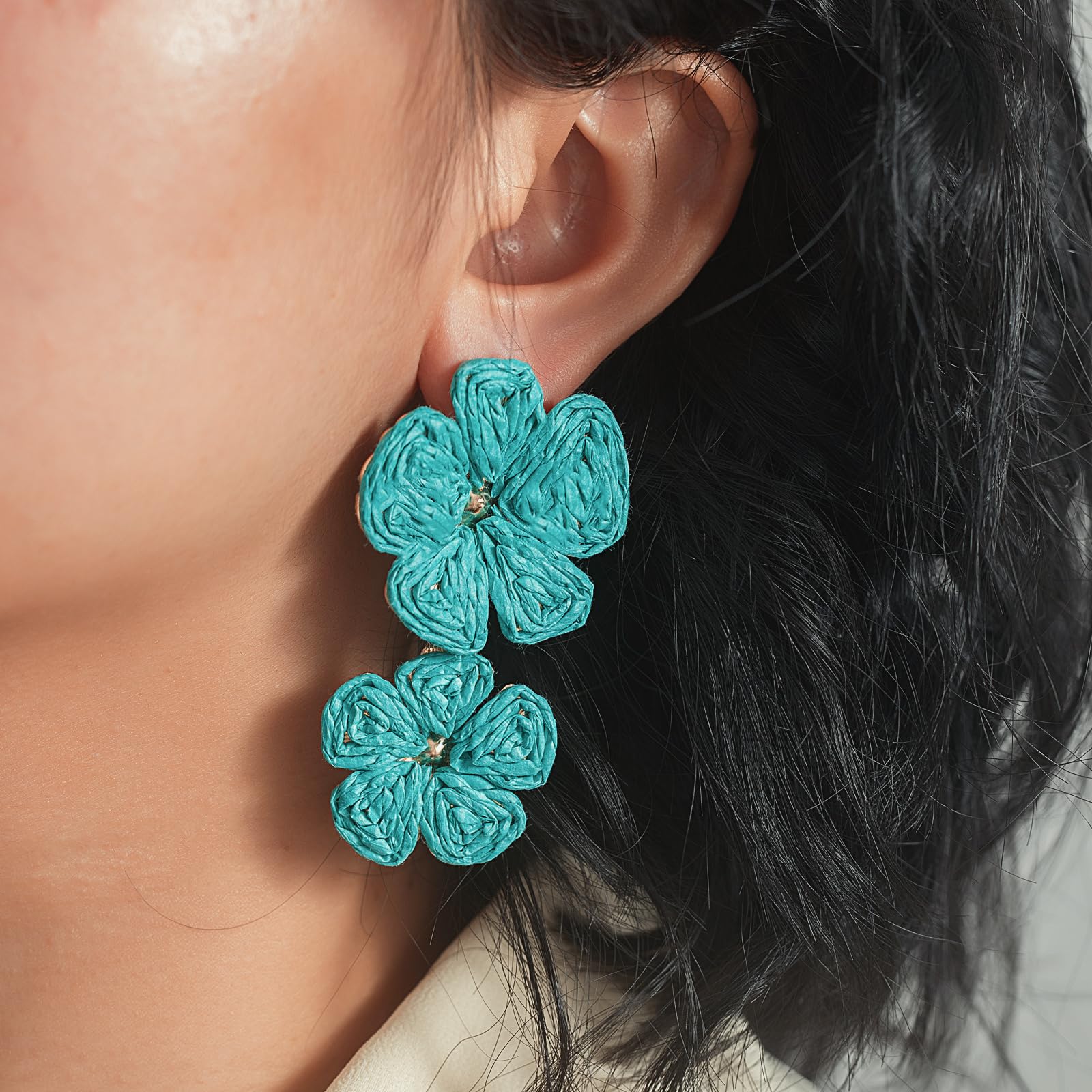 Boho Flower Earrings Statement Raffia Dangle Earrings Cute Floral Jewelry Trendy Summer Beach Vacation Outfits for Women
