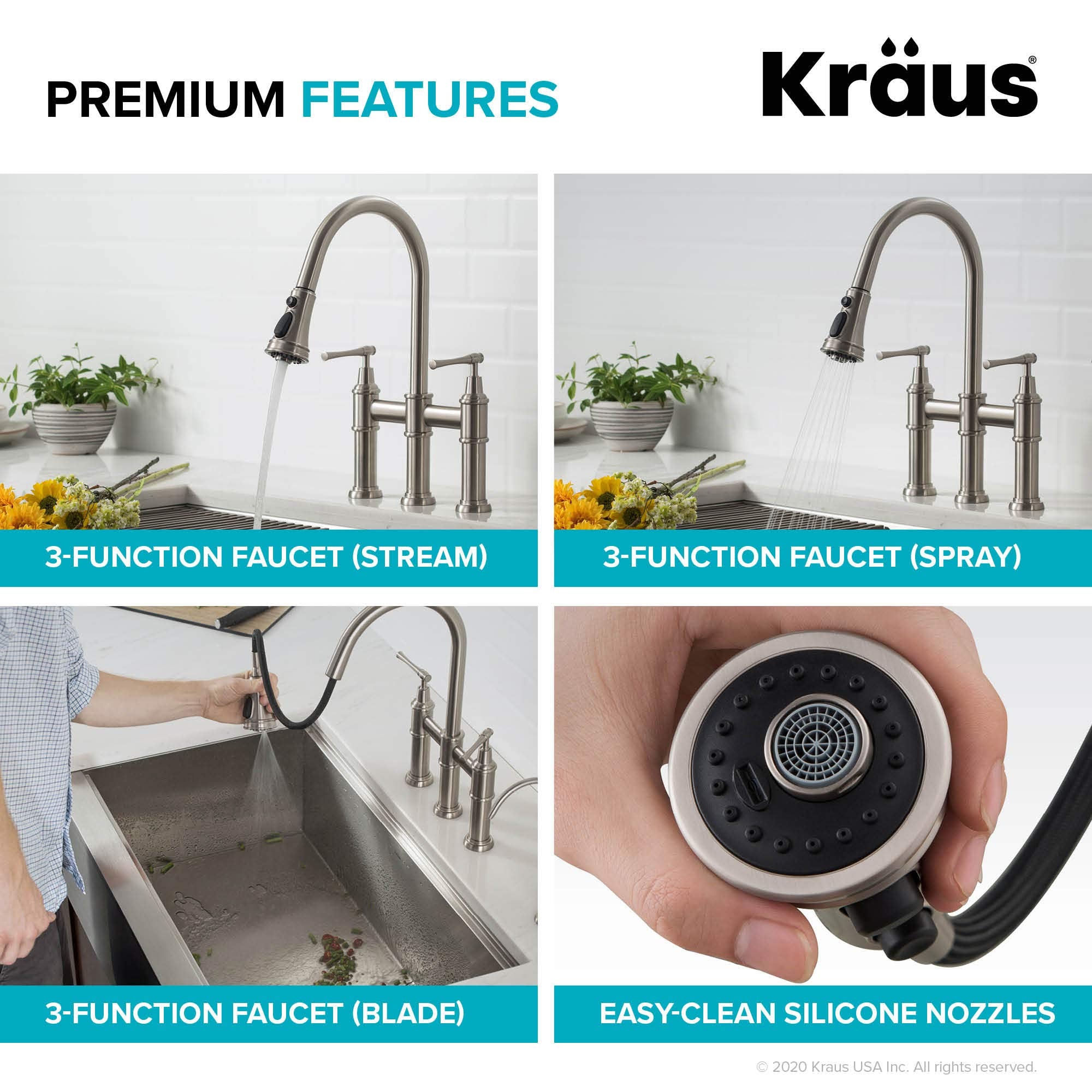 KRAUS Allyn Transitional Bridge Kitchen Faucet with Pull-Down Sprayhead in Brushed Gold, KPF-3121BG