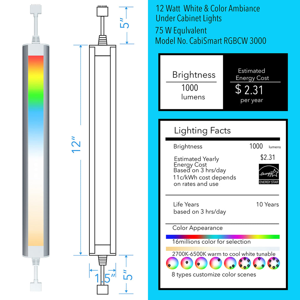 LED Light Bar,Plug-in, Dimmable, Adjustable White & RGB Color Changing, Alexa, Google Home Enabled Remote Counter Lights for Kitchen, Shelf, Cupboard, Desk, Monitor (1-Bar 12 Inch Kit)